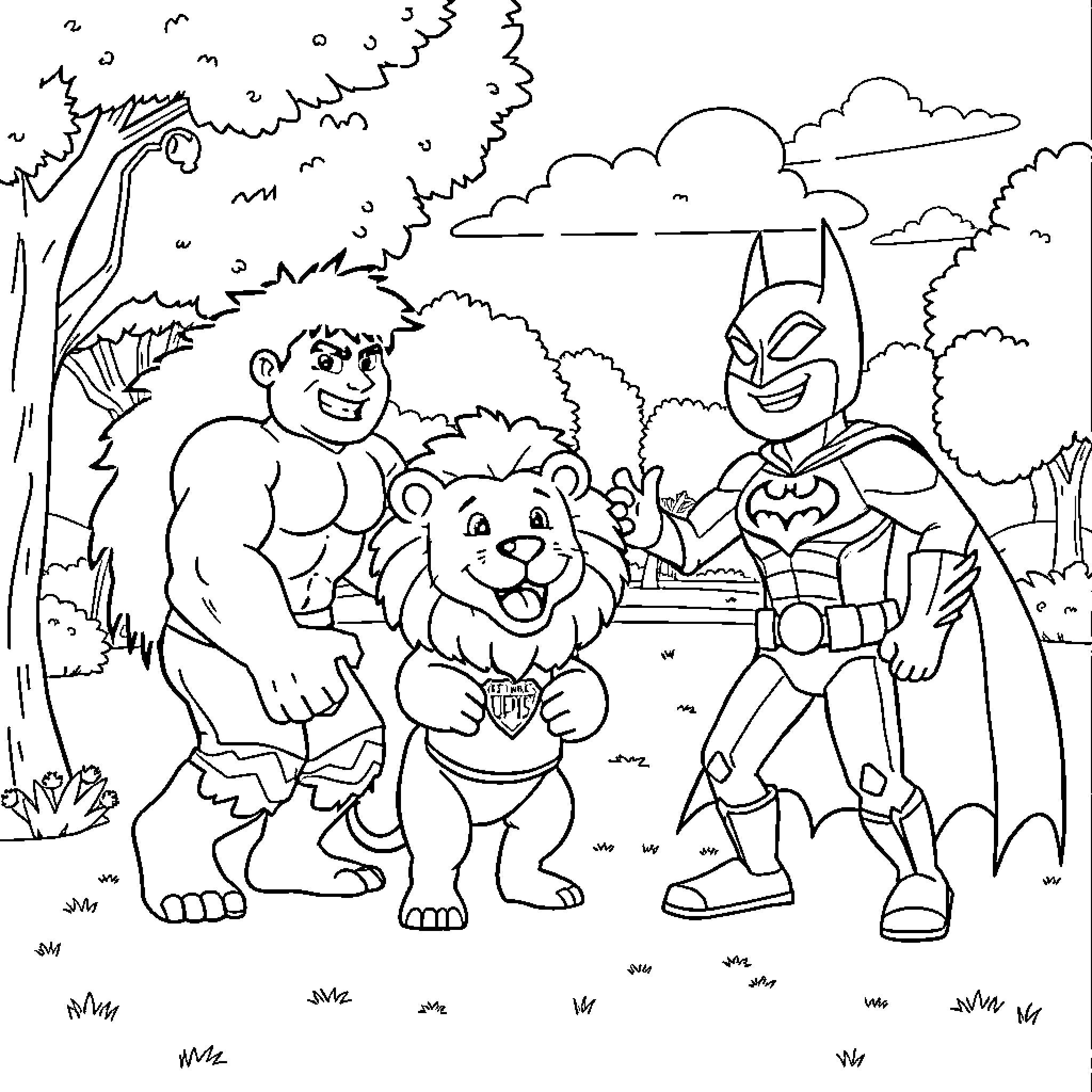 Hulk and friends explore the enchanted forest Coloring Page (free black-and-white line drawing printable PDF for all, from beginners to advanced learners, including children, teens, adults, and seniors)