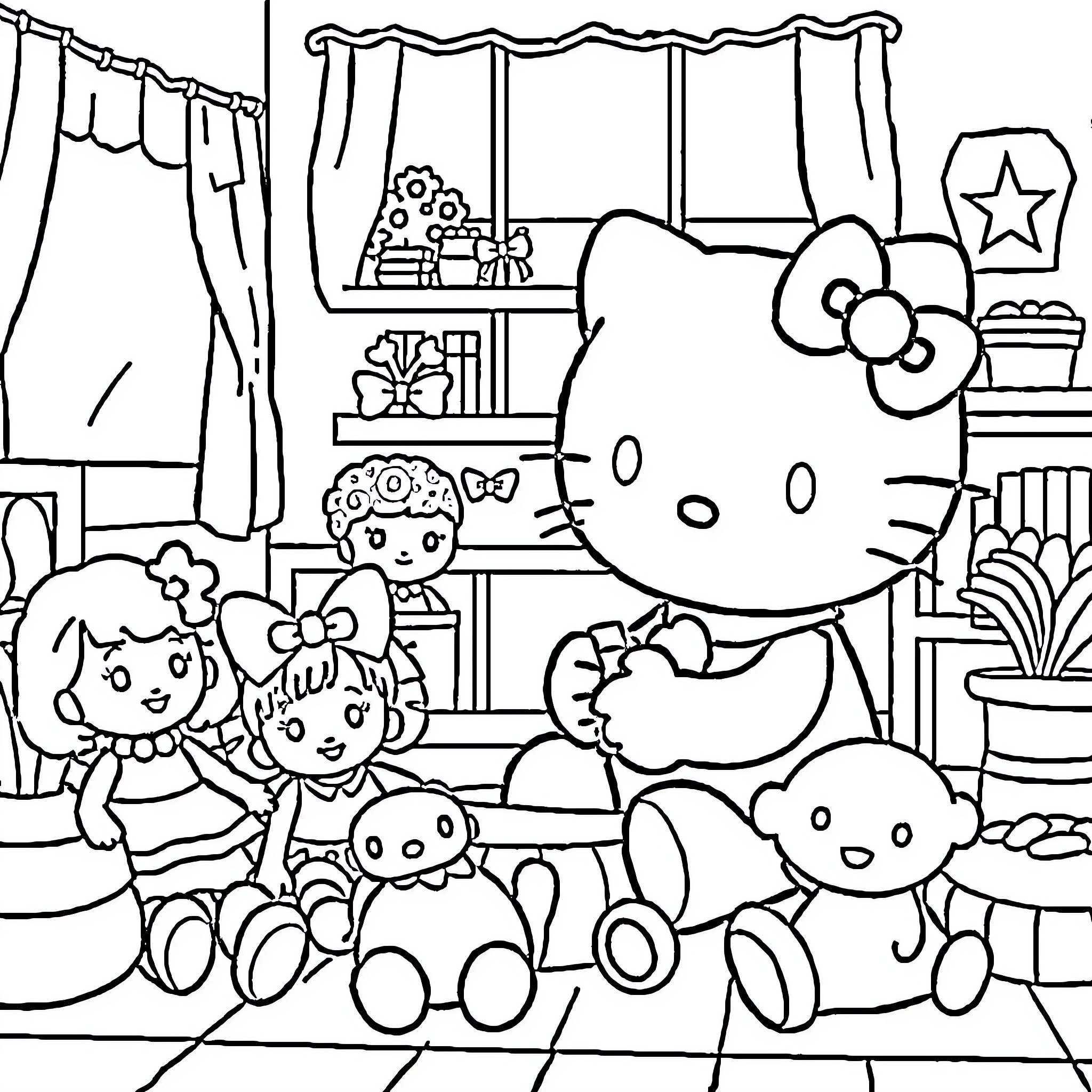 Hello Kitty's Playroom with Friends Coloring Page (free black-and-white line drawing printable PDF for all, from beginners to advanced learners, including children, teens, adults, and seniors)