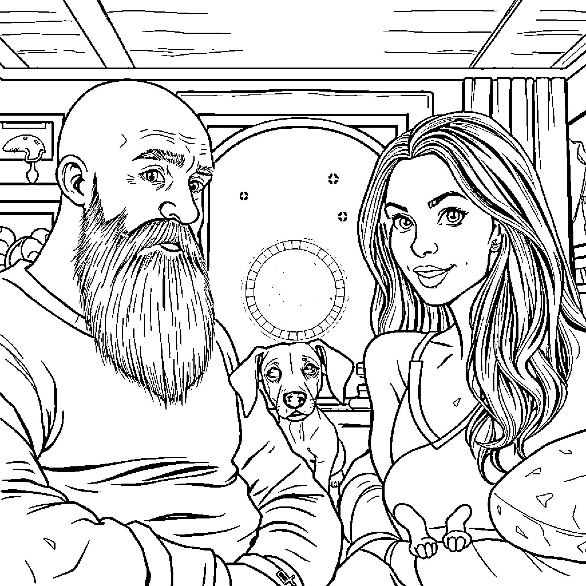 Bald Man with Beard and Woman Sitting with Dog Coloring Page (free black-and-white line drawing printable PDF for all, from beginners to advanced learners, including children, teens, adults, and seniors)