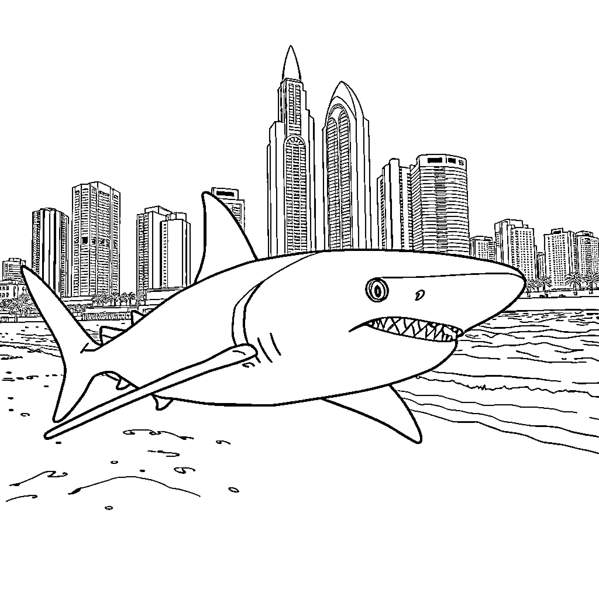 Shark swimming near modern city skyline Coloring Page (free black-and-white line drawing printable PDF for all, from beginners to advanced learners, including children, teens, adults, and seniors)