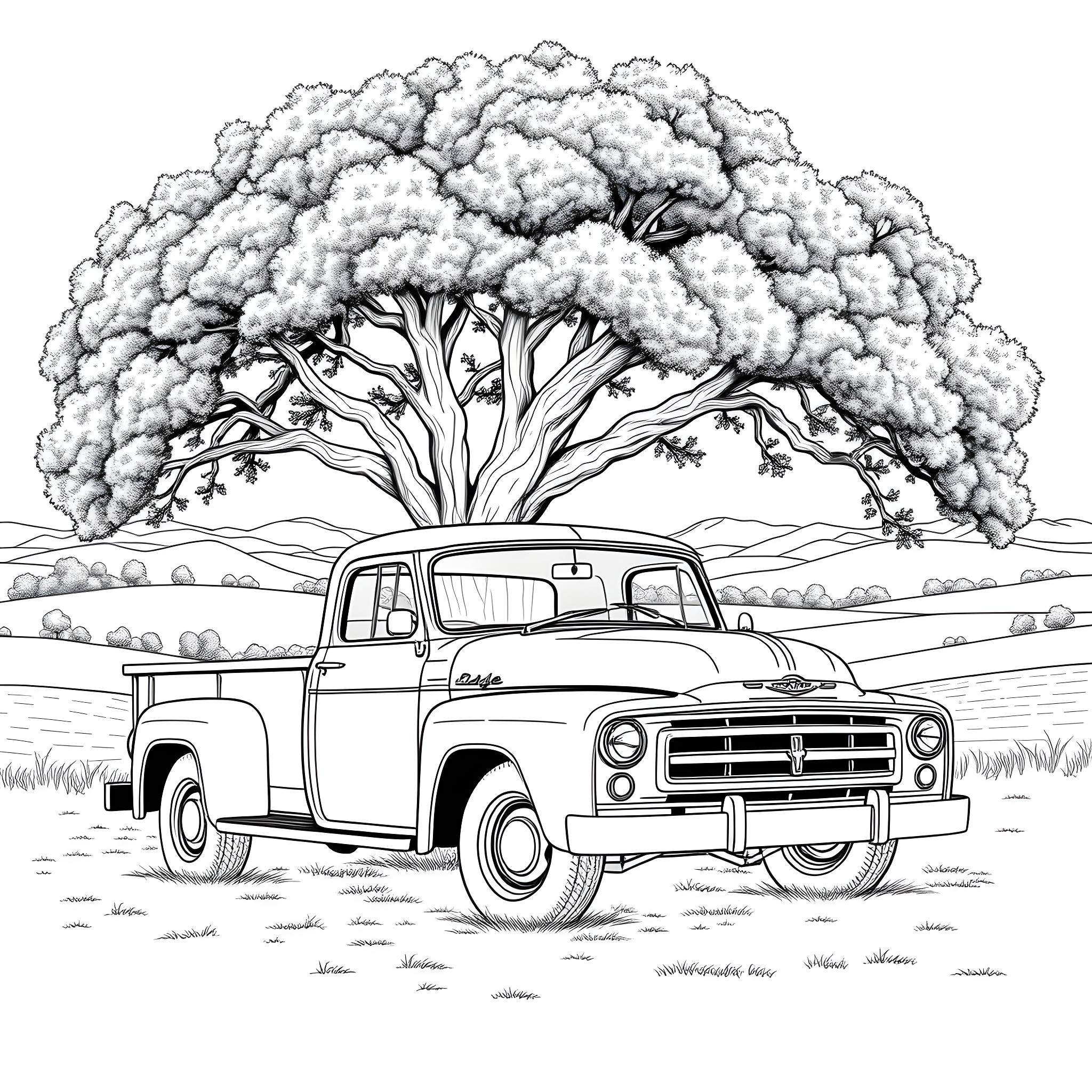 Dodge truck under a large tree in a rural landscape Coloring Page (free black-and-white line drawing printable PDF for all, from beginners to advanced learners, including children, teens, adults, and seniors)