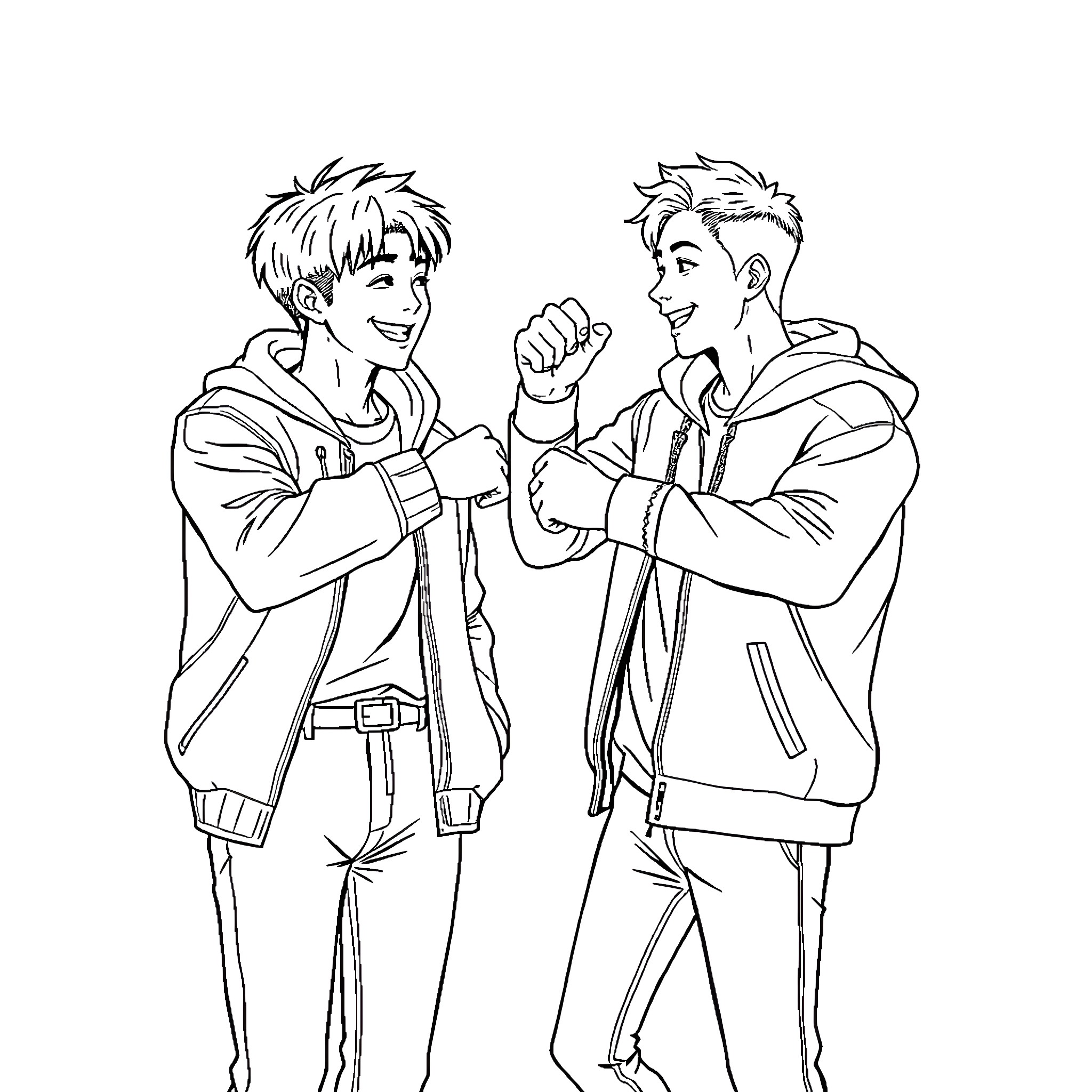 Sung Jinwoo and Friend's Casual Conversation Coloring Page (free black-and-white line drawing printable PDF for all, from beginners to advanced learners, including children, teens, adults, and seniors)