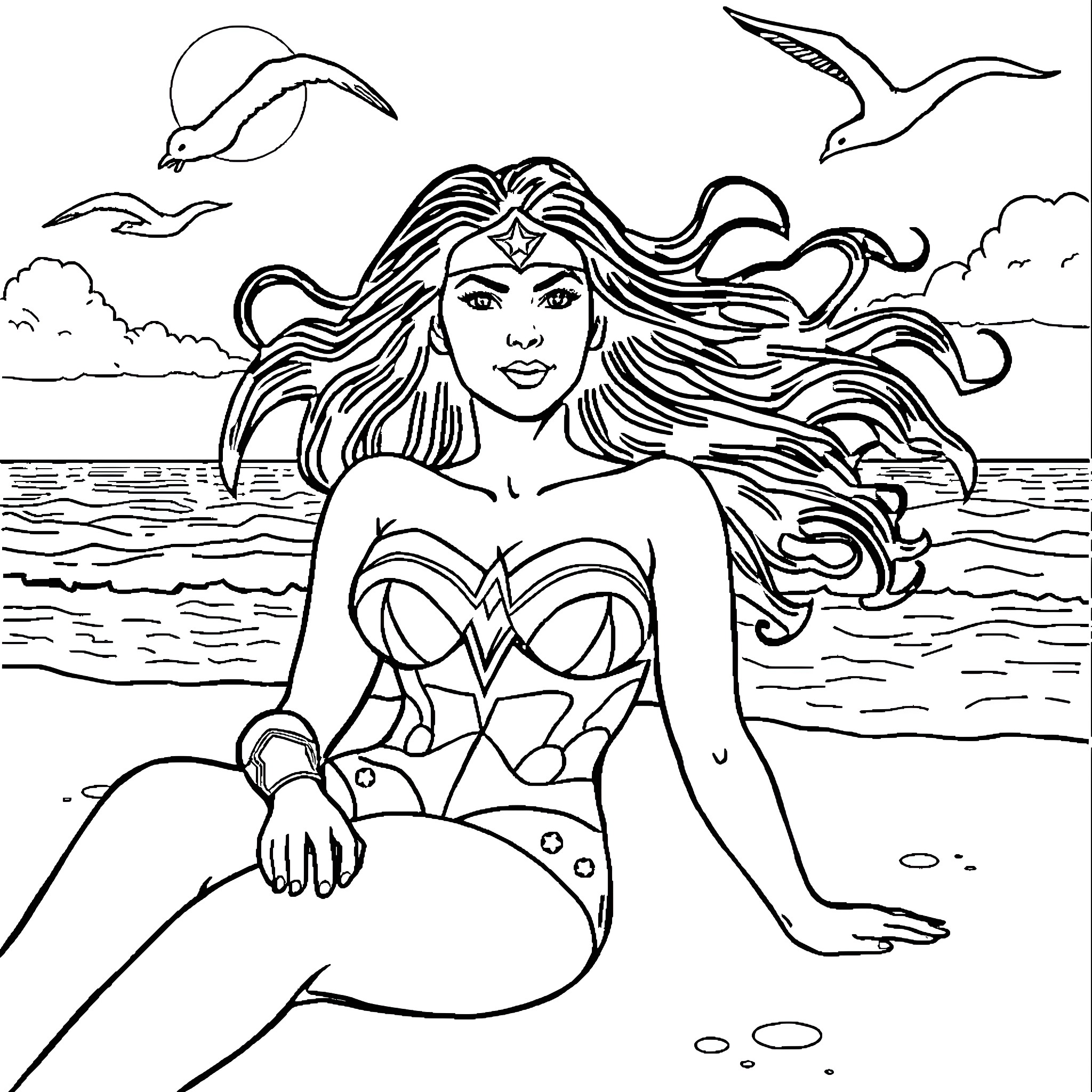 Wonder Woman relaxing on the beach with seagulls Coloring Page (free black-and-white line drawing printable PDF for all, from beginners to advanced learners, including children, teens, adults, and seniors)