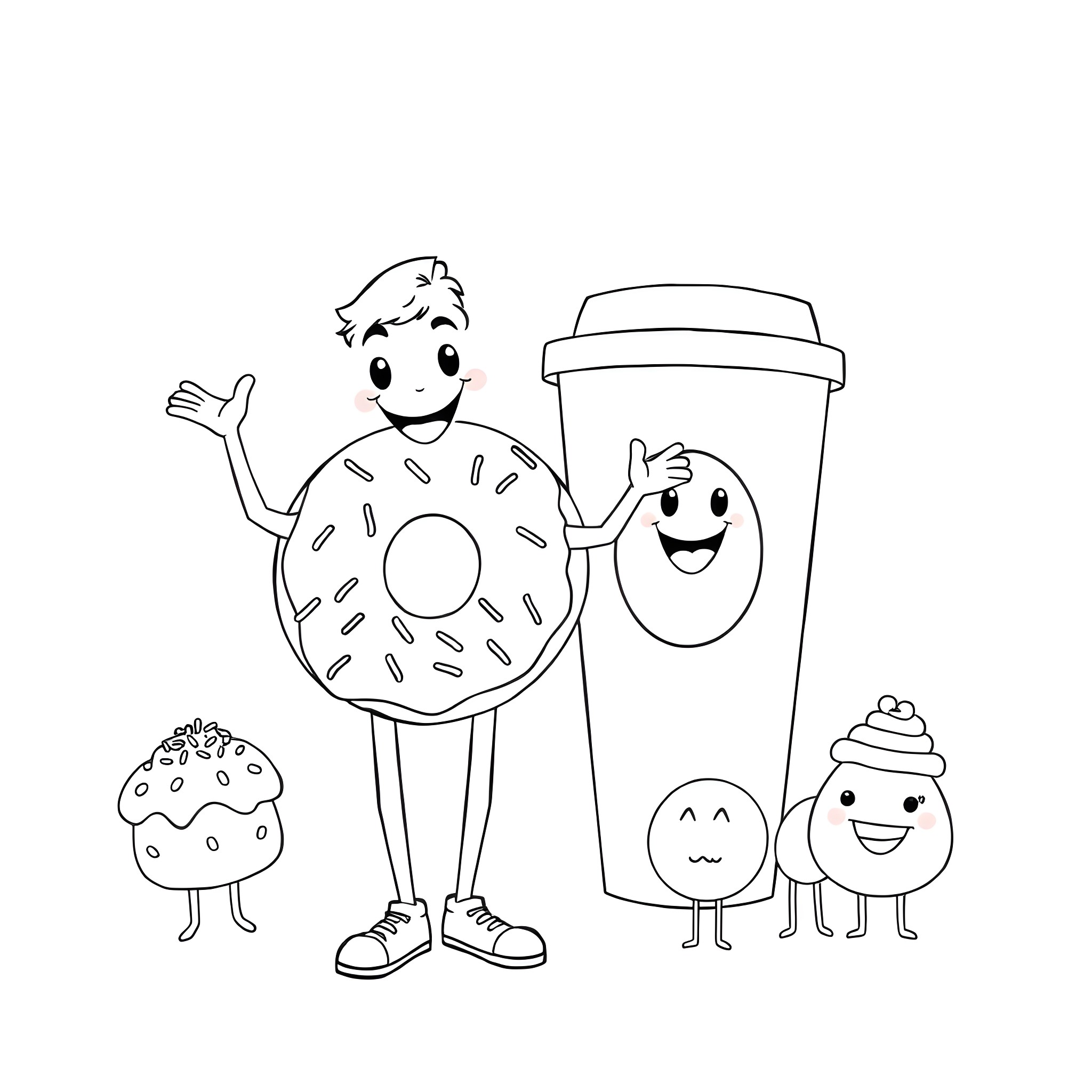Human Donut Enjoying Sweet Treats with Friends Coloring Page (free black-and-white line drawing printable PDF for all, from beginners to advanced learners, including children, teens, adults, and seniors)