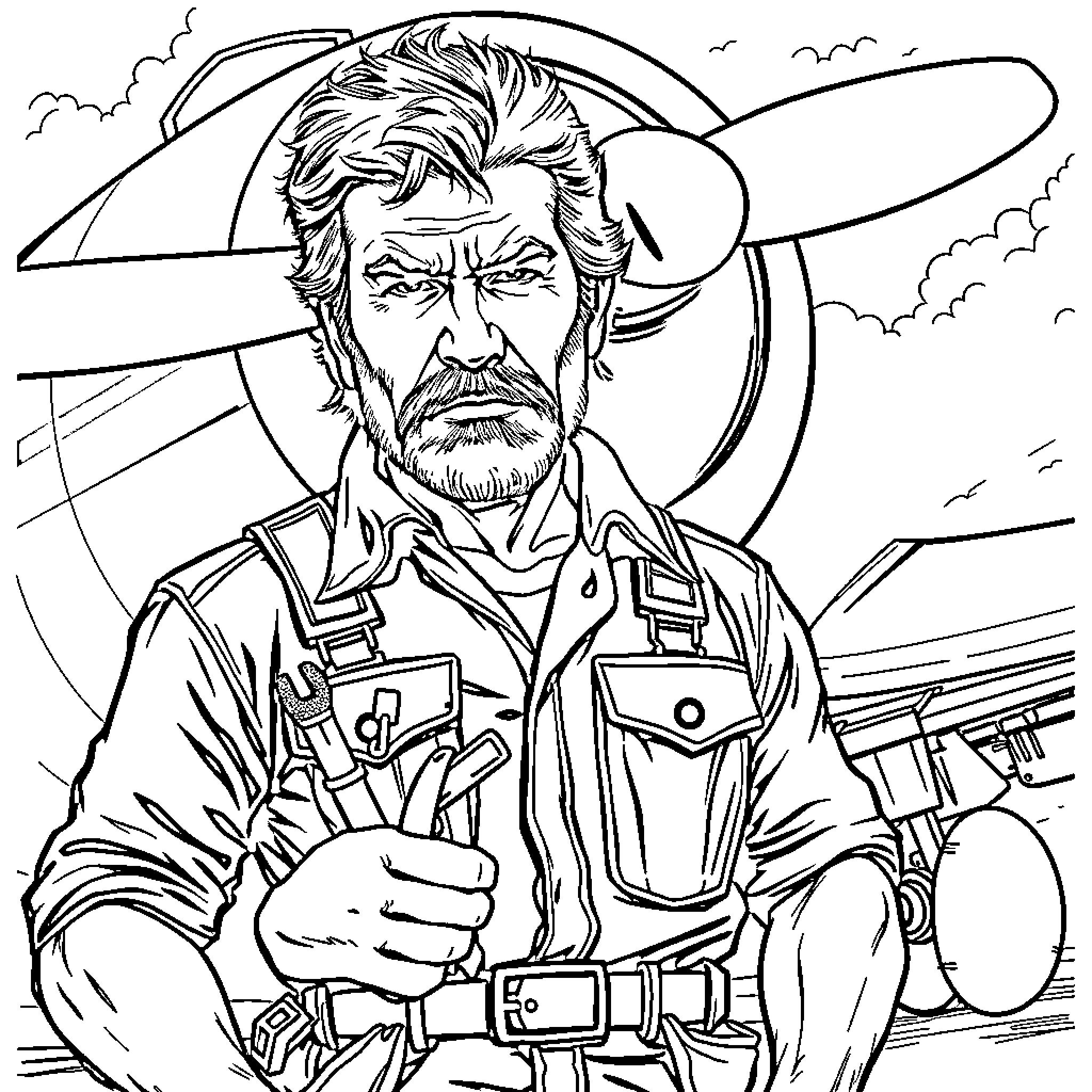 Chuck Norris: Rugged Outdoorsman in Action Coloring Page (free black-and-white line drawing printable PDF for all, from beginners to advanced learners, including children, teens, adults, and seniors)