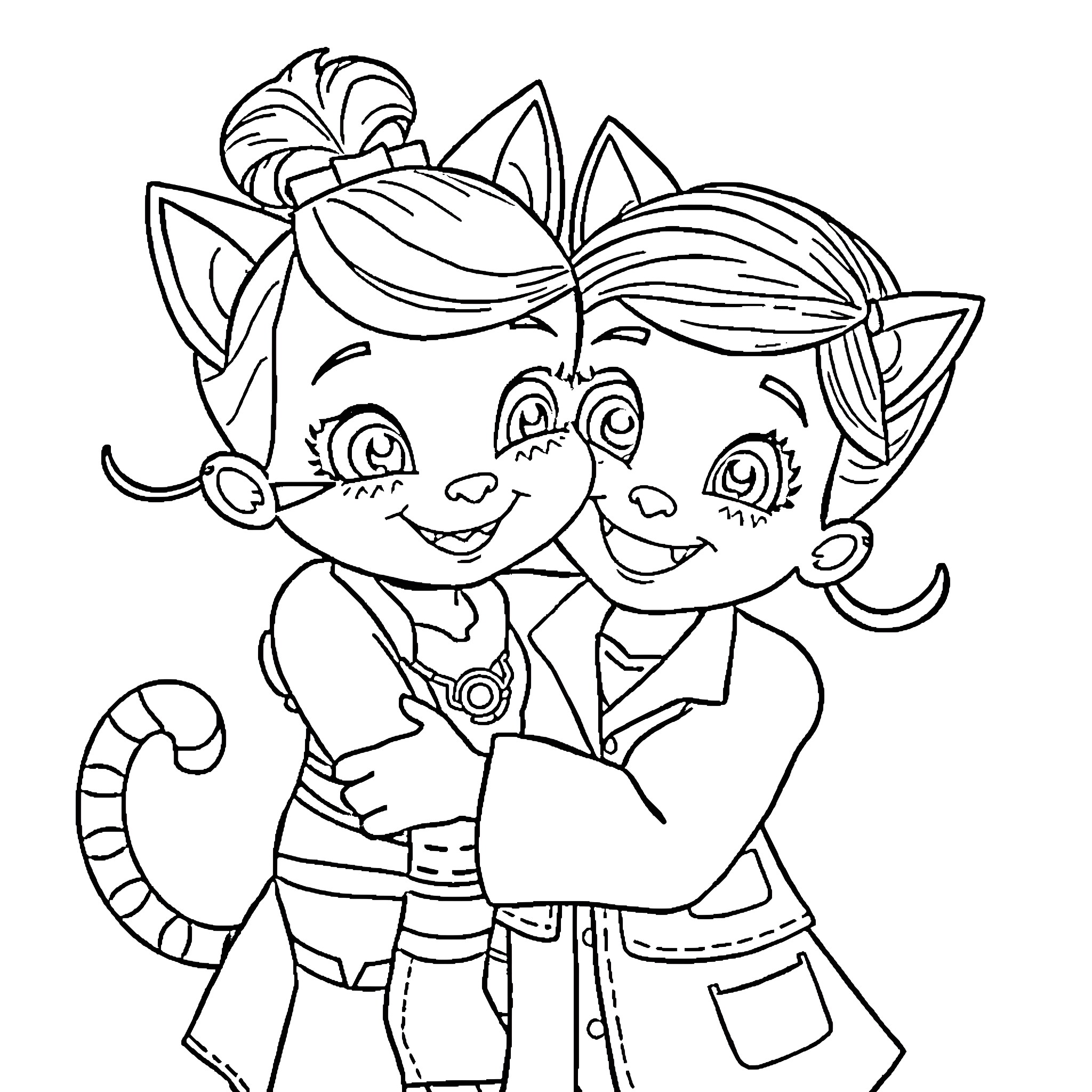 Gabby Cat and Troll in Friendly Embrace Coloring Page (free black-and-white line drawing printable PDF for all, from beginners to advanced learners, including children, teens, adults, and seniors)