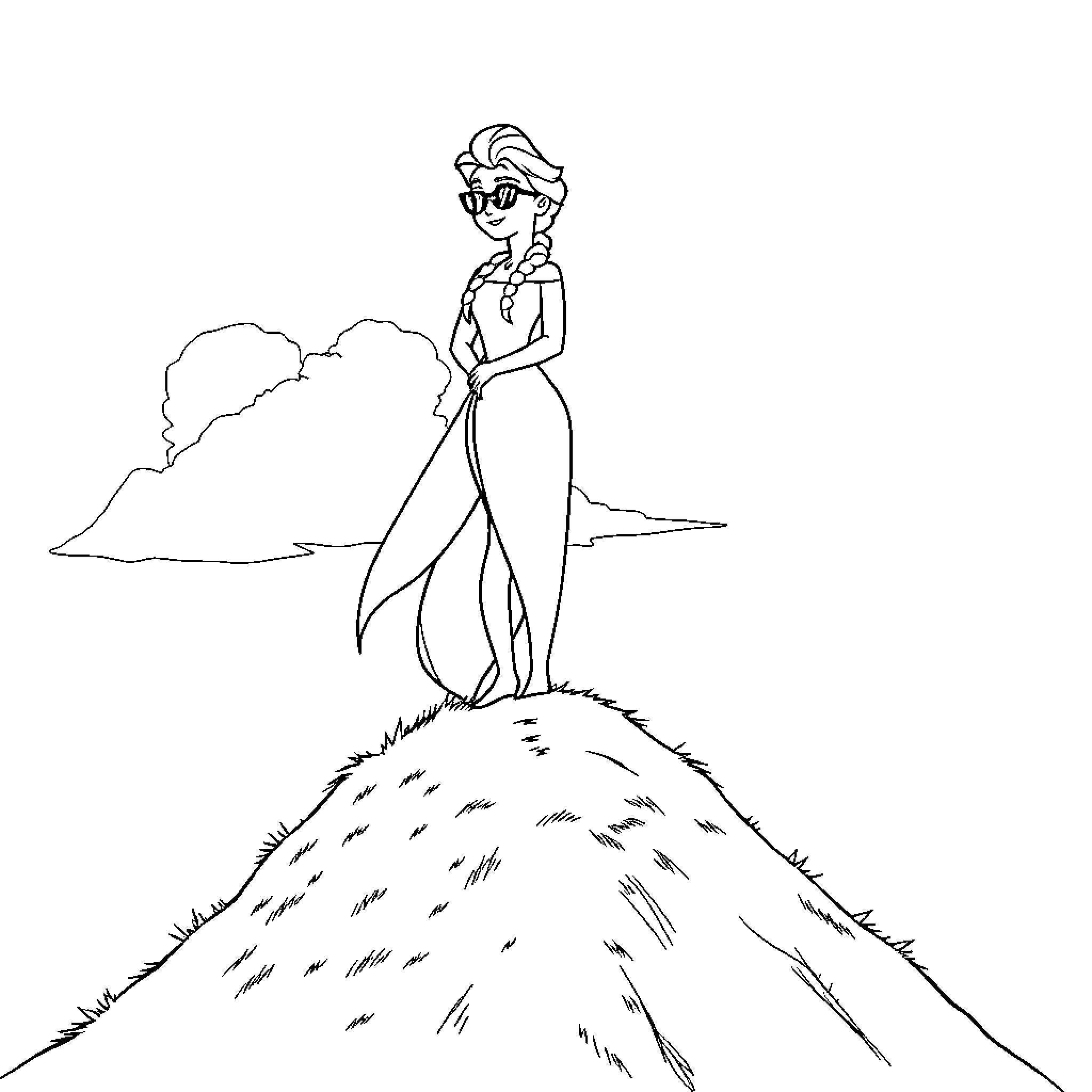 Elsa standing atop a snowy mountain Coloring Page (free black-and-white line drawing printable PDF for all, from beginners to advanced learners, including children, teens, adults, and seniors)