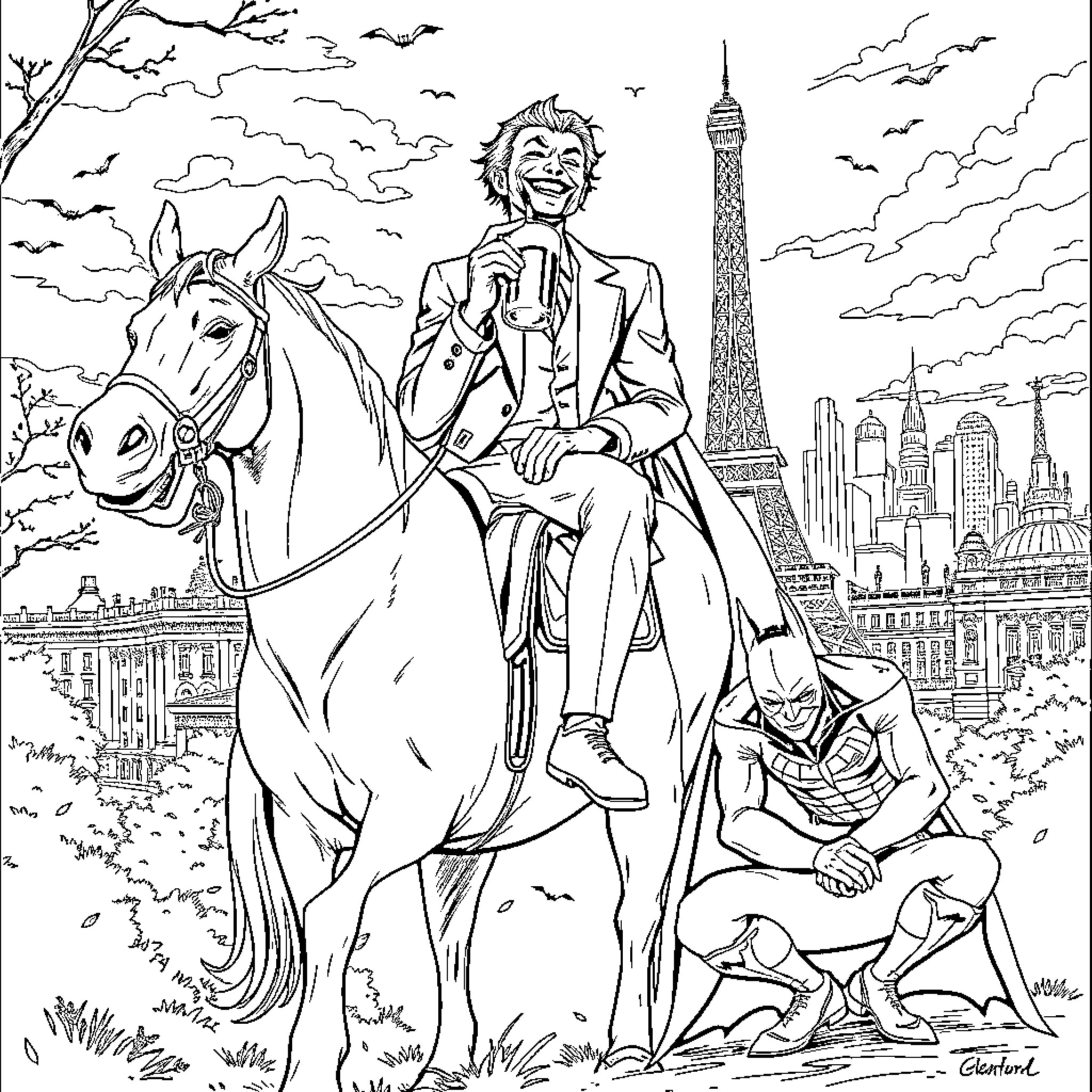 Joker riding horse amidst cityscape and bats Coloring Page (free black-and-white line drawing printable PDF for all, from beginners to advanced learners, including children, teens, adults, and seniors)