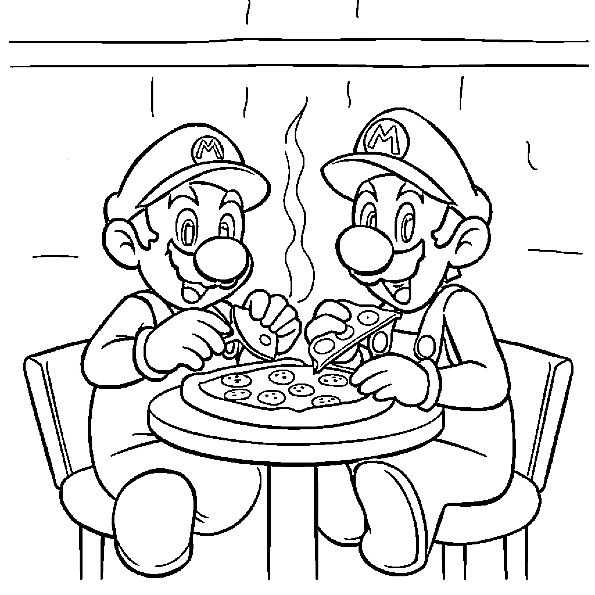 Mario Brothers Cooking and Enjoying Pizza Together Coloring Page (free black-and-white line drawing printable PDF for all, from beginners to advanced learners, including children, teens, adults, and seniors)