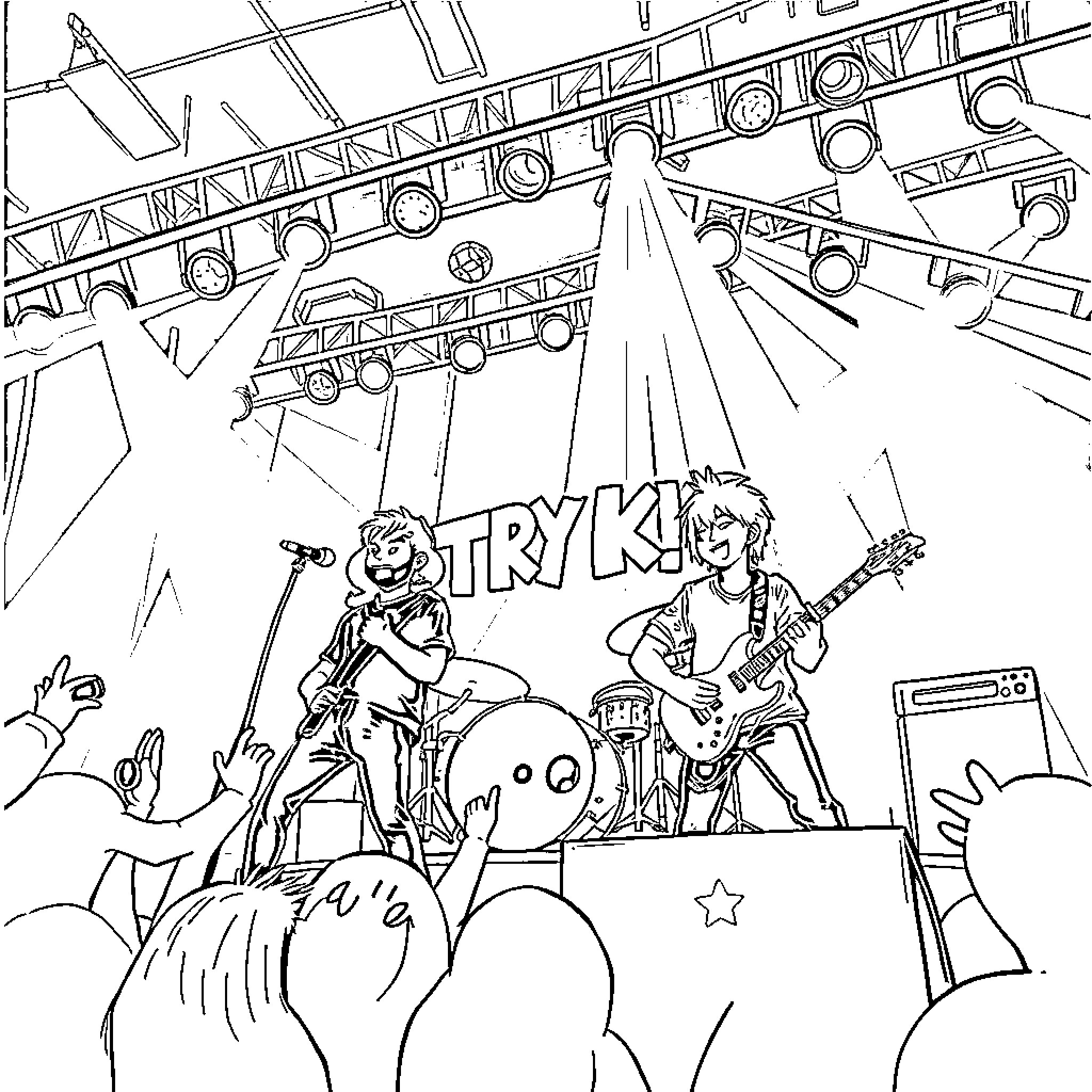 Stray Kids Performing on Stage with Crowd Coloring Page (free black-and-white line drawing printable PDF for all, from beginners to advanced learners, including children, teens, adults, and seniors)