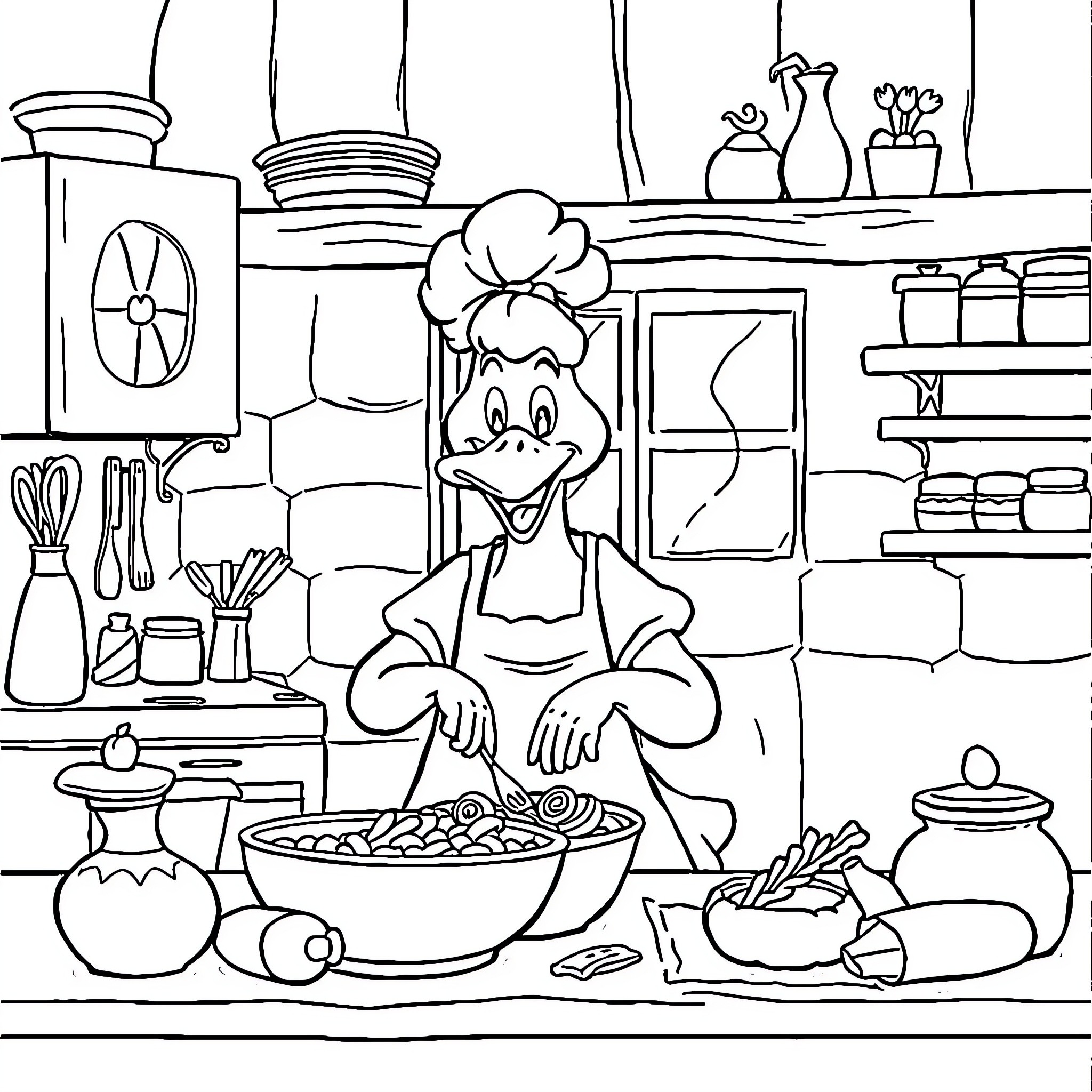 Mother Goose Cooking a Hearty Meal in the Kitchen Coloring Page (free black-and-white line drawing printable PDF for all, from beginners to advanced learners, including children, teens, adults, and seniors)
