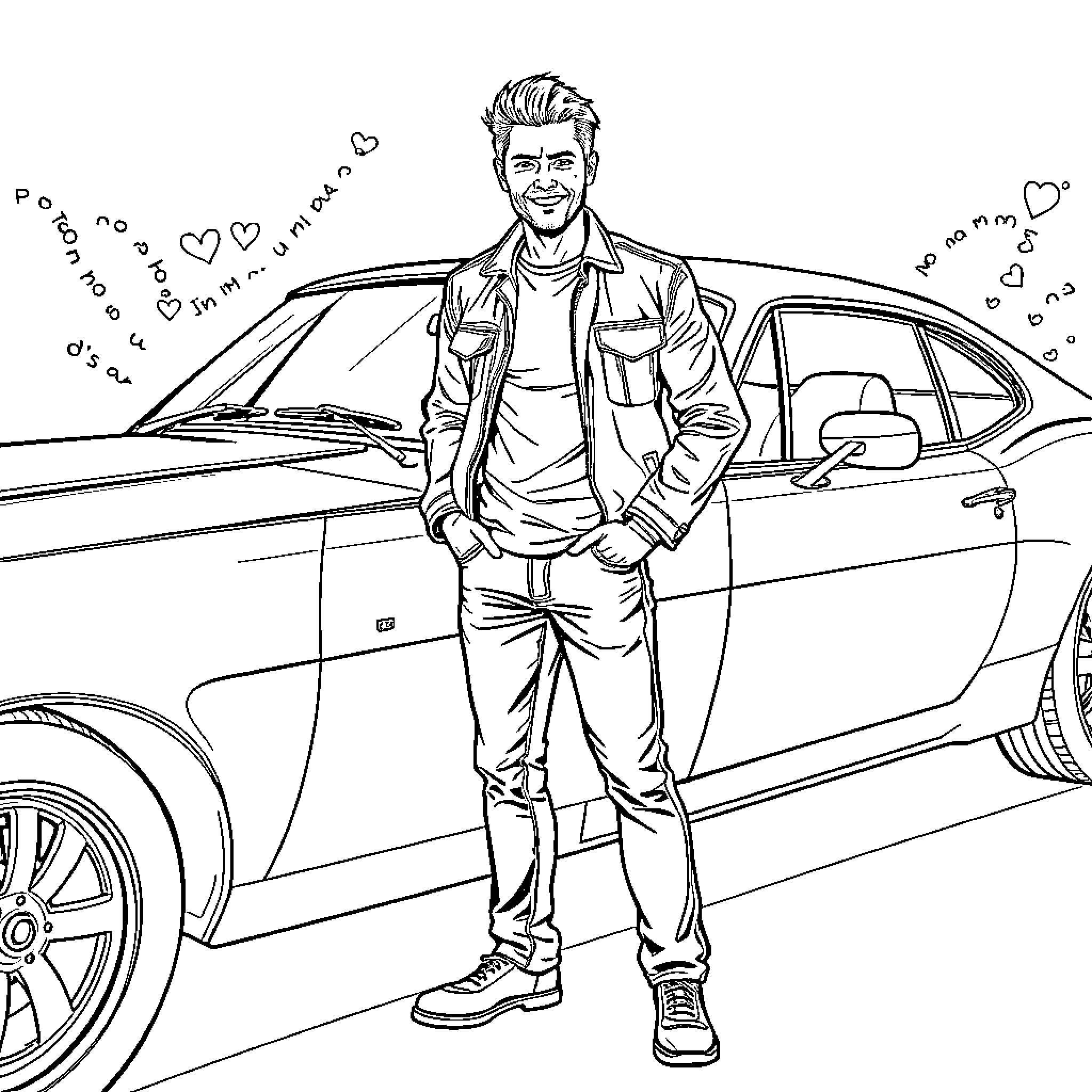 Jensen Ackles posing confidently in casual outfit by car Coloring Page (free black-and-white line drawing printable PDF for all, from beginners to advanced learners, including children, teens, adults, and seniors)