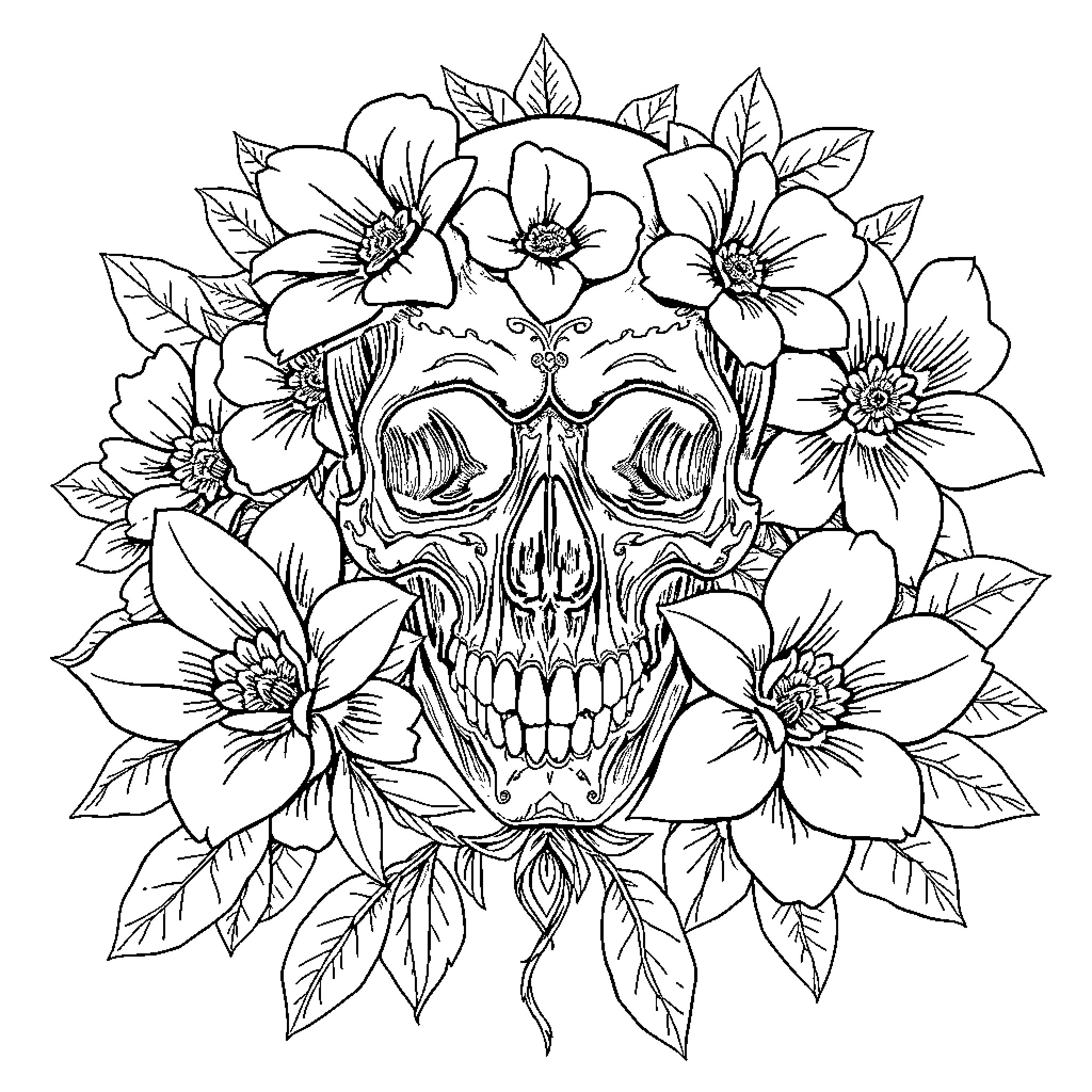 Skull adorned with blooming flowers Coloring Page (free black-and-white line drawing printable PDF for all, from beginners to advanced learners, including children, teens, adults, and seniors)