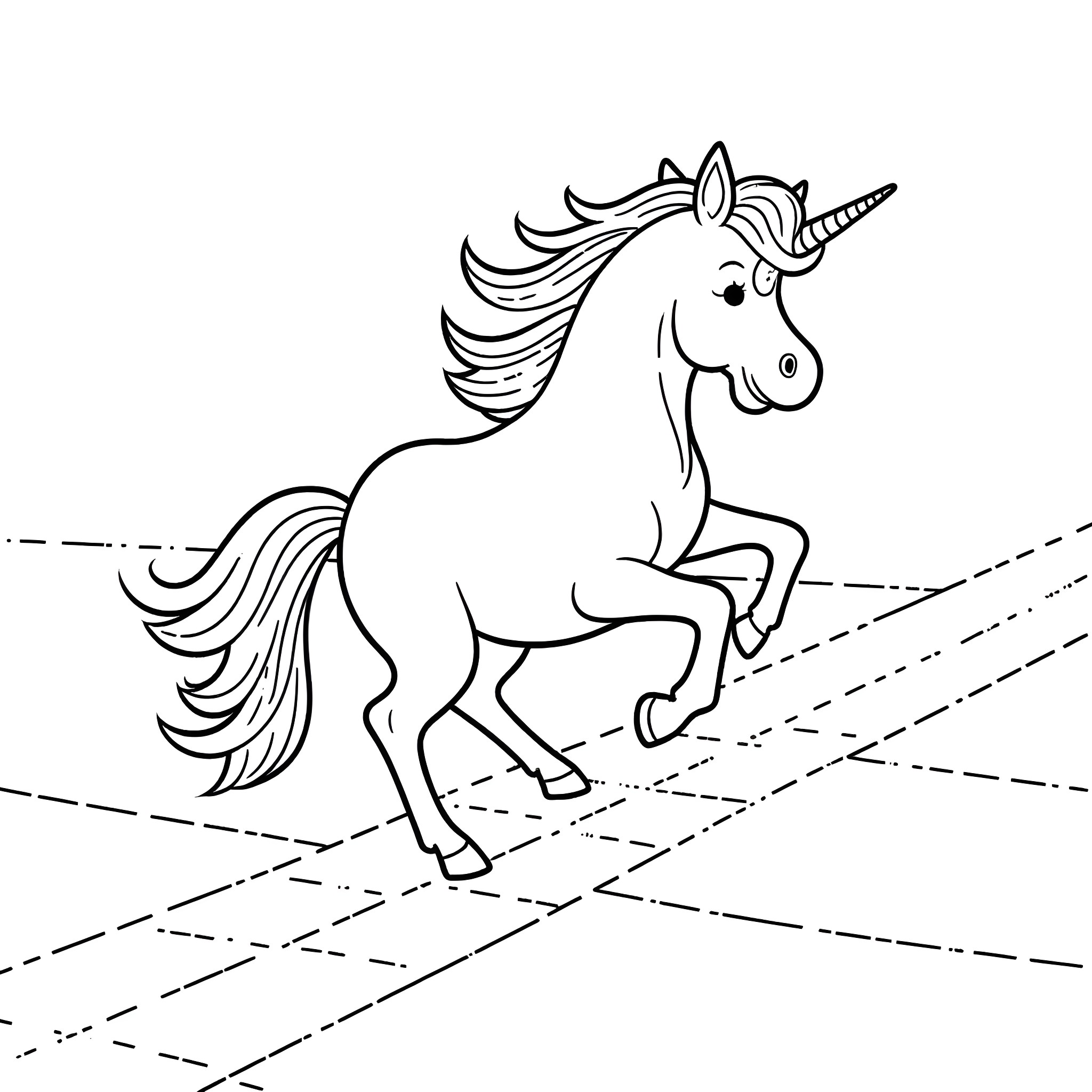 Unicorn galloping with grace Coloring Page (free black-and-white line drawing printable PDF for all, from beginners to advanced learners, including children, teens, adults, and seniors)