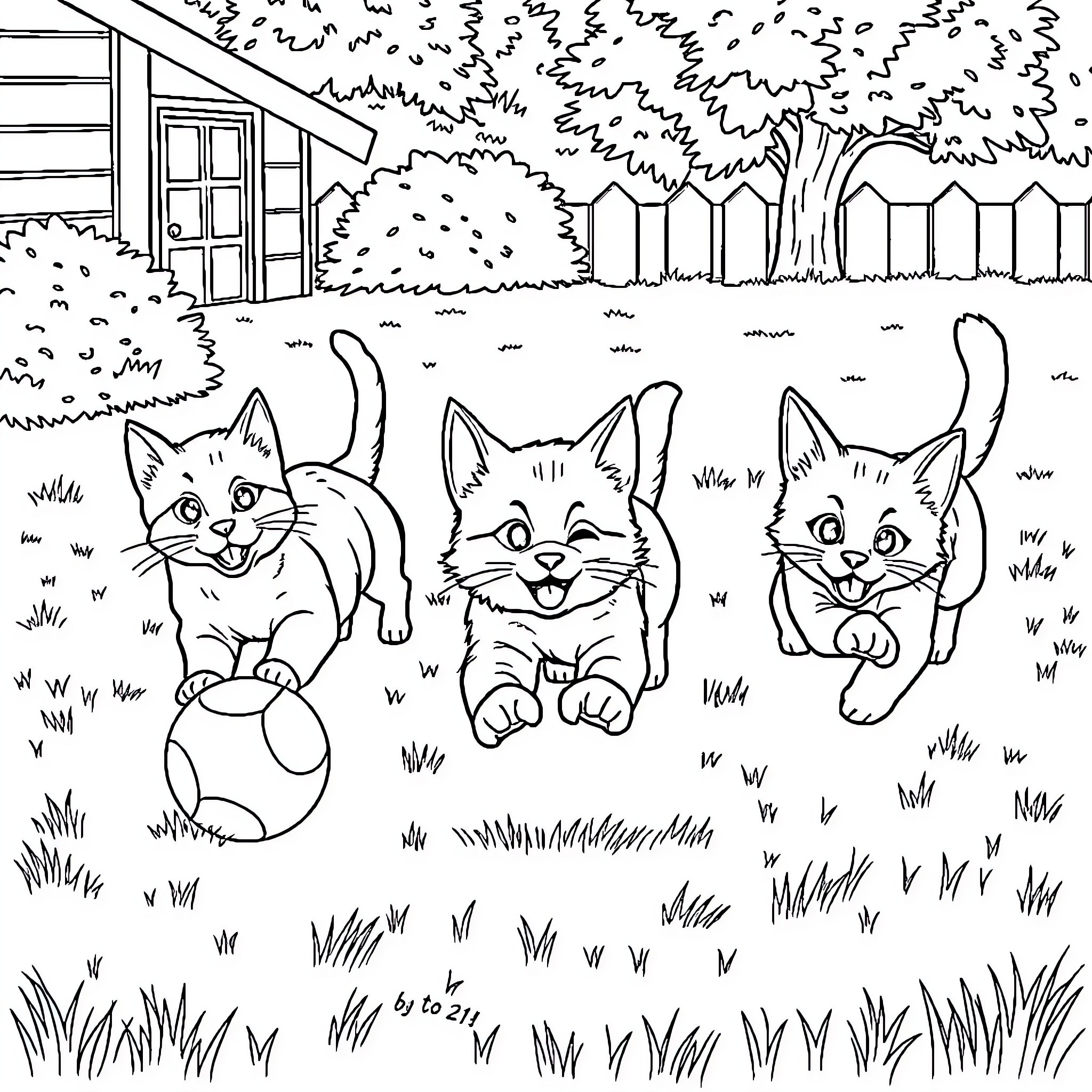 Cats exploring the yard with playful expressions Coloring Page (free black-and-white line drawing printable PDF for all, from beginners to advanced learners, including children, teens, adults, and seniors)