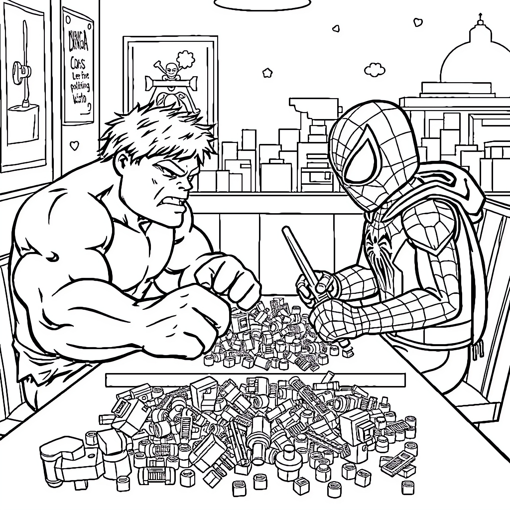 Hulk and Spider-Man playing video games Coloring Page (free black-and-white line drawing printable PDF for all, from beginners to advanced learners, including children, teens, adults, and seniors)