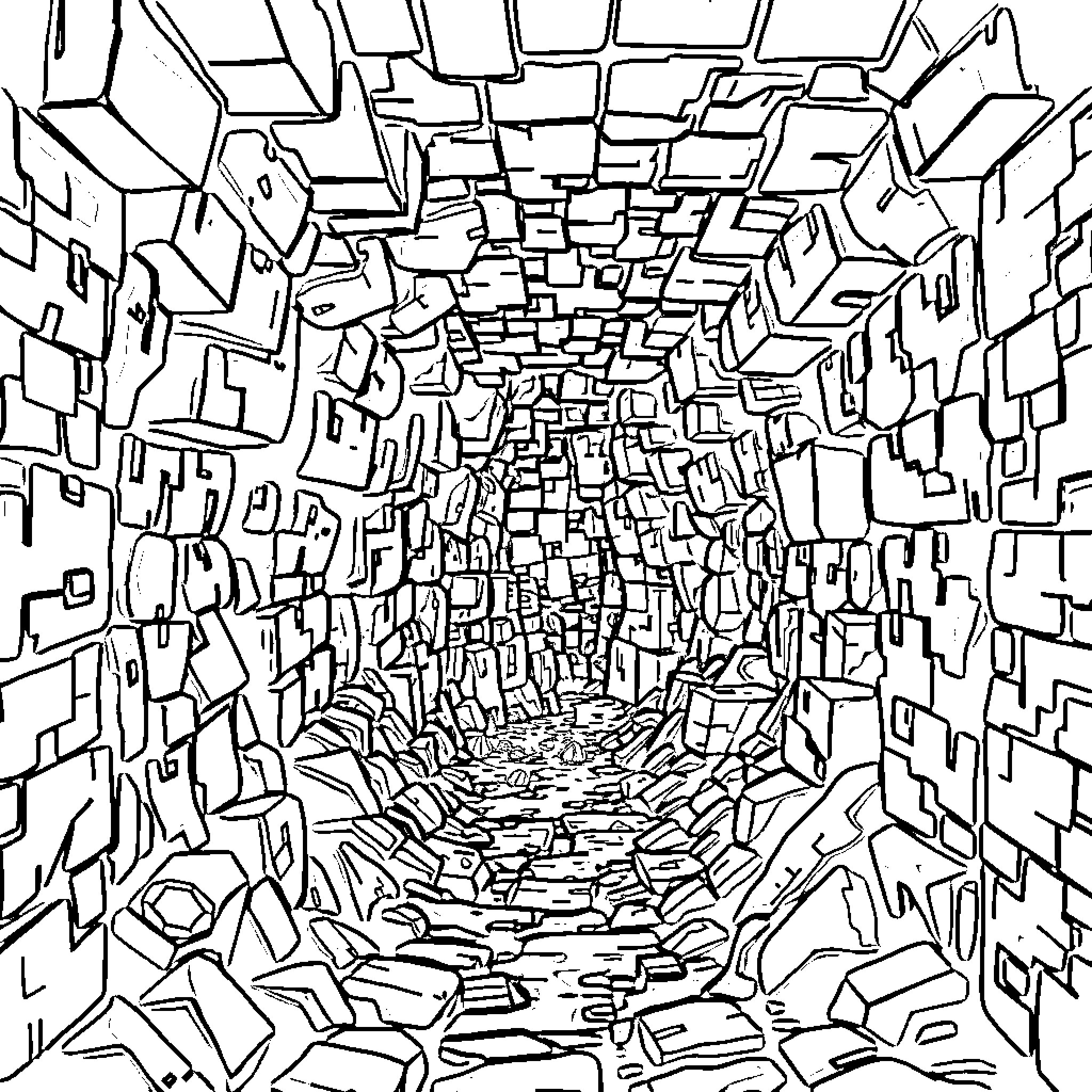 Mine Intricate Geometric Maze Coloring Page (free black-and-white line drawing printable PDF for all, from beginners to advanced learners, including children, teens, adults, and seniors)