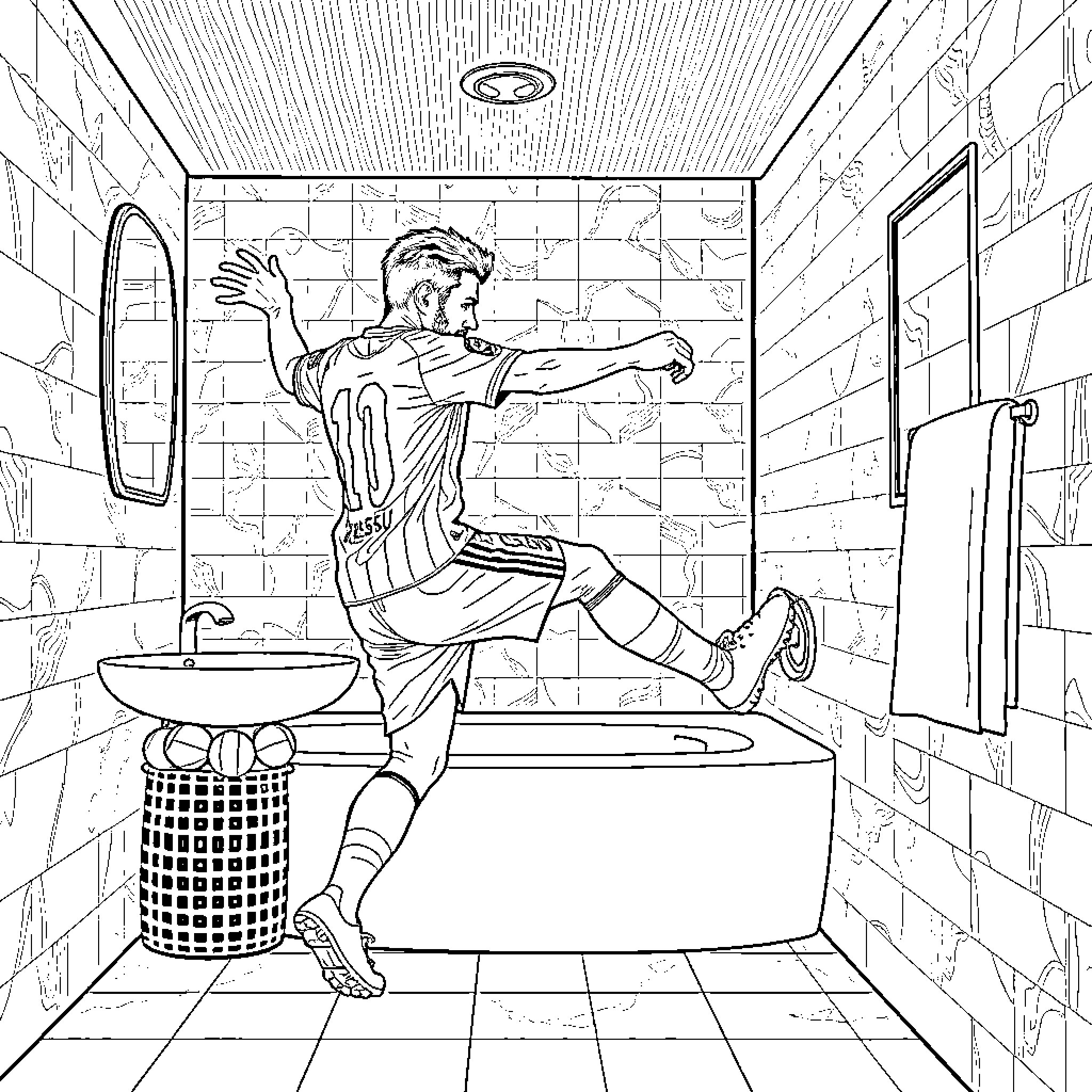 Leo Messi stretching in the locker room Coloring Page (free black-and-white line drawing printable PDF for all, from beginners to advanced learners, including children, teens, adults, and seniors)