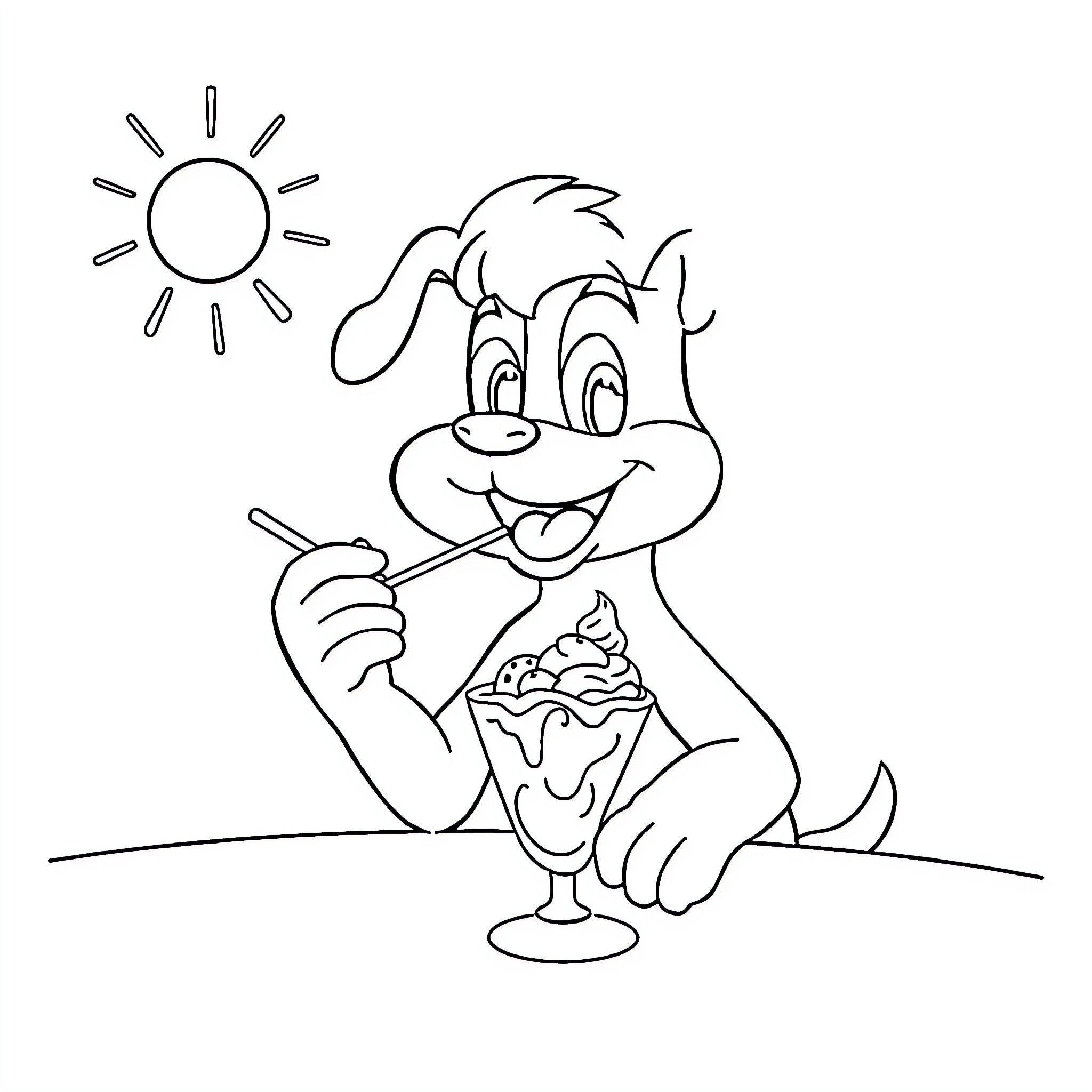 Dandy dog enjoys tasty treat on a sunny day Coloring Page (free black-and-white line drawing printable PDF for all, from beginners to advanced learners, including children, teens, adults, and seniors)