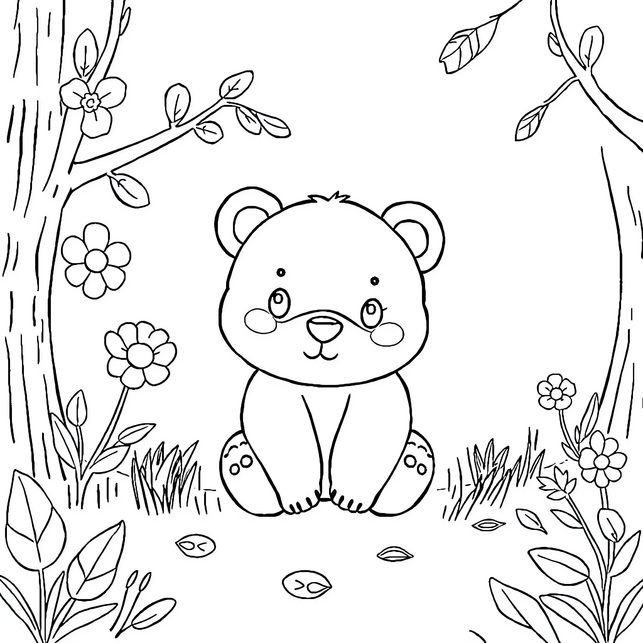 Bear sitting in a floral garden Coloring Page (free black-and-white line drawing printable PDF for all, from beginners to advanced learners, including children, teens, adults, and seniors)