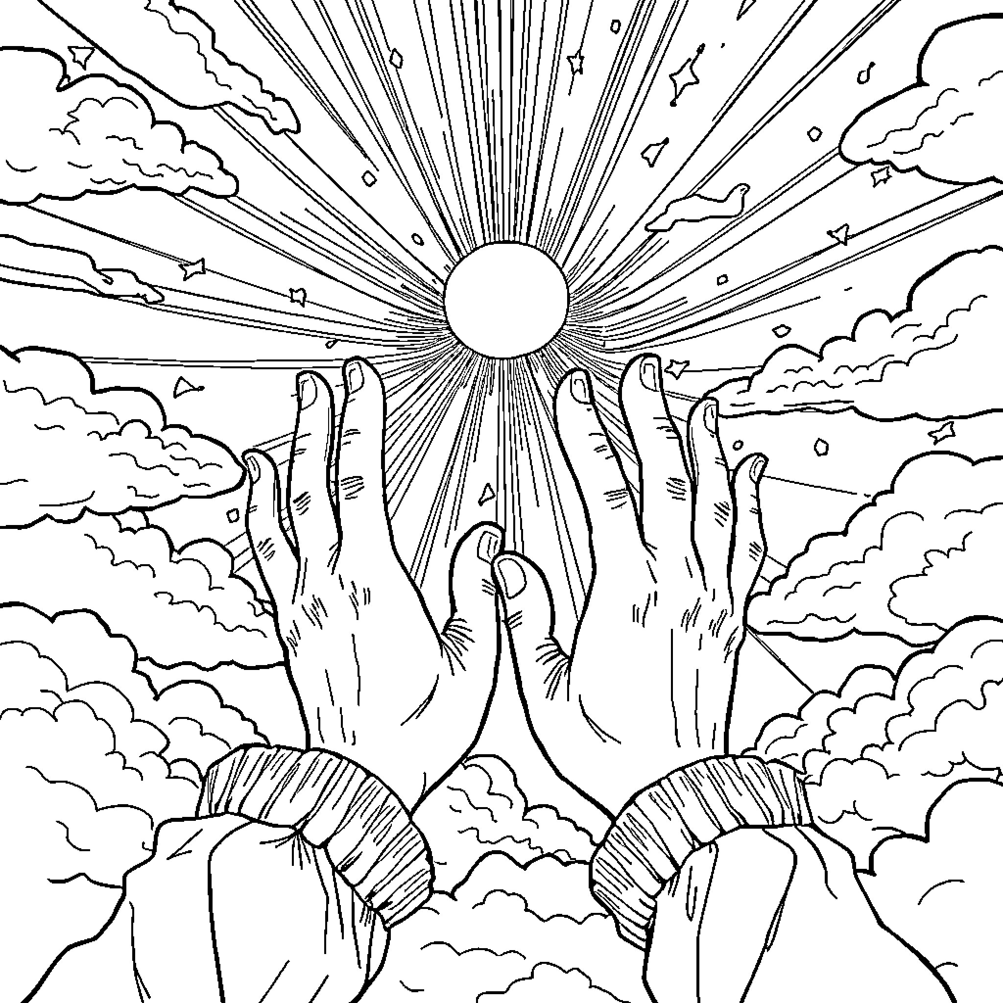 Pai's Celestial Hands Reaching for the Radiant Sun Coloring Page (free black-and-white line drawing printable PDF for all, from beginners to advanced learners, including children, teens, adults, and seniors)