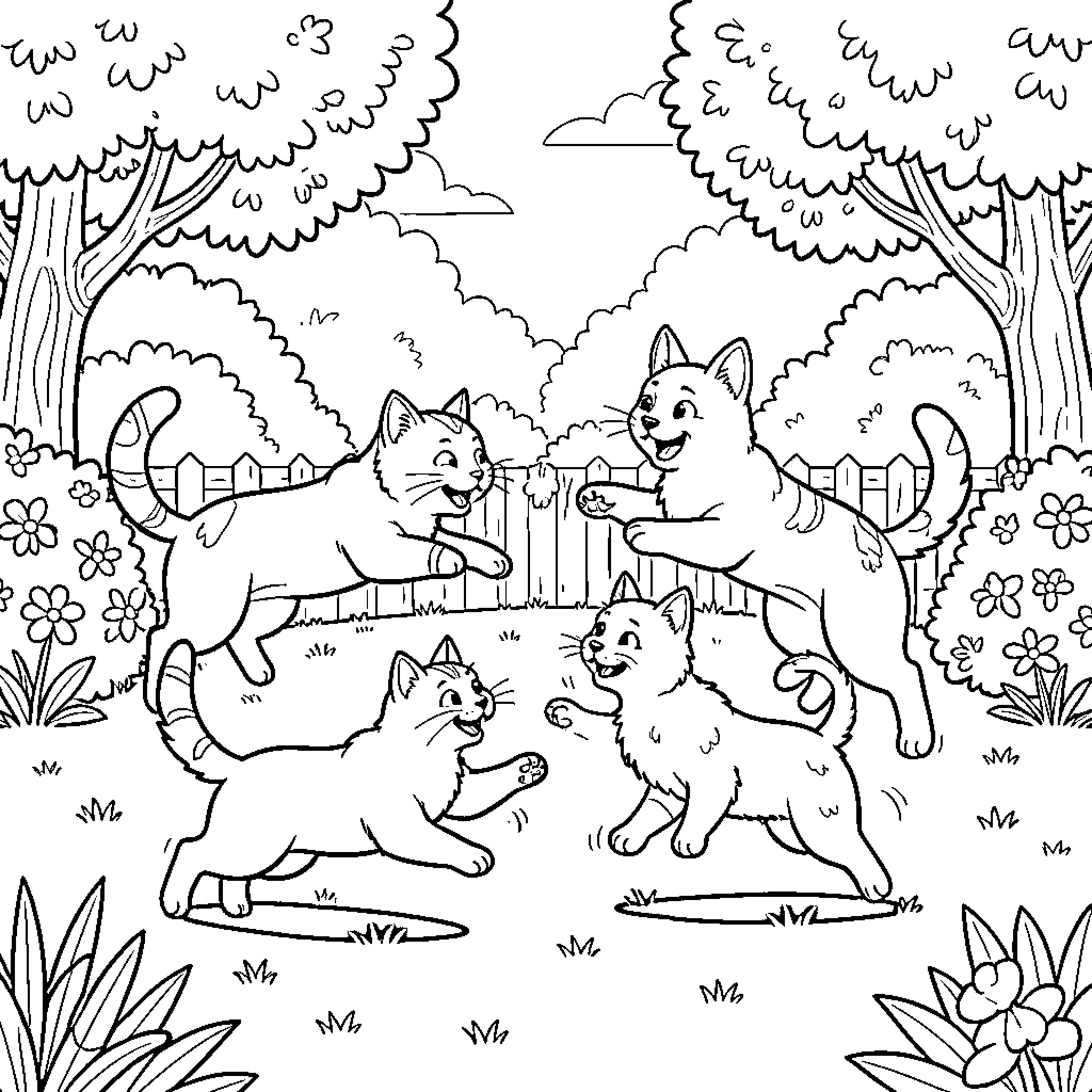 Cat and Dog Playfully Exploring the Forest Coloring Page (free black-and-white line drawing printable PDF for all, from beginners to advanced learners, including children, teens, adults, and seniors)