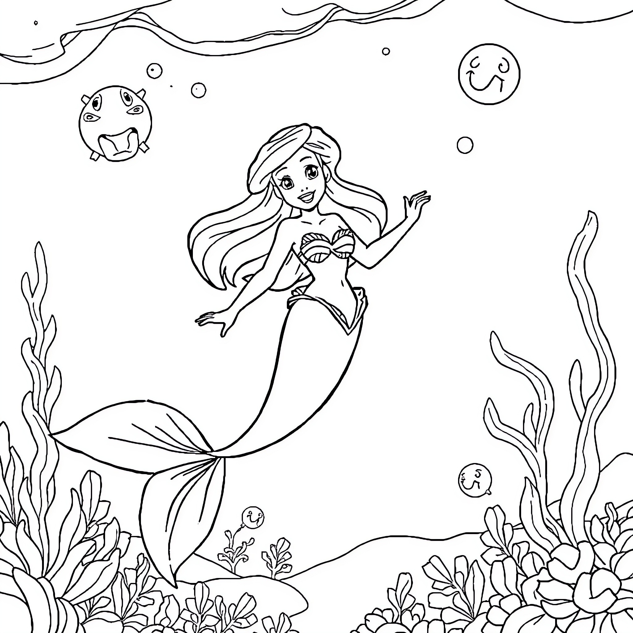 Ariel swimming gracefully in the underwater scene Coloring Page (free black-and-white line drawing printable PDF for all, from beginners to advanced learners, including children, teens, adults, and seniors)