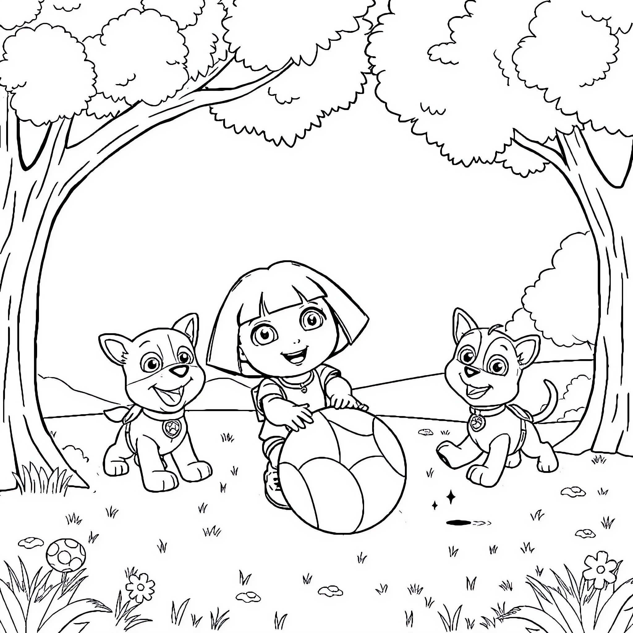 Dora exploring the forest with her puppy friends Coloring Page (free black-and-white line drawing printable PDF for all, from beginners to advanced learners, including children, teens, adults, and seniors)