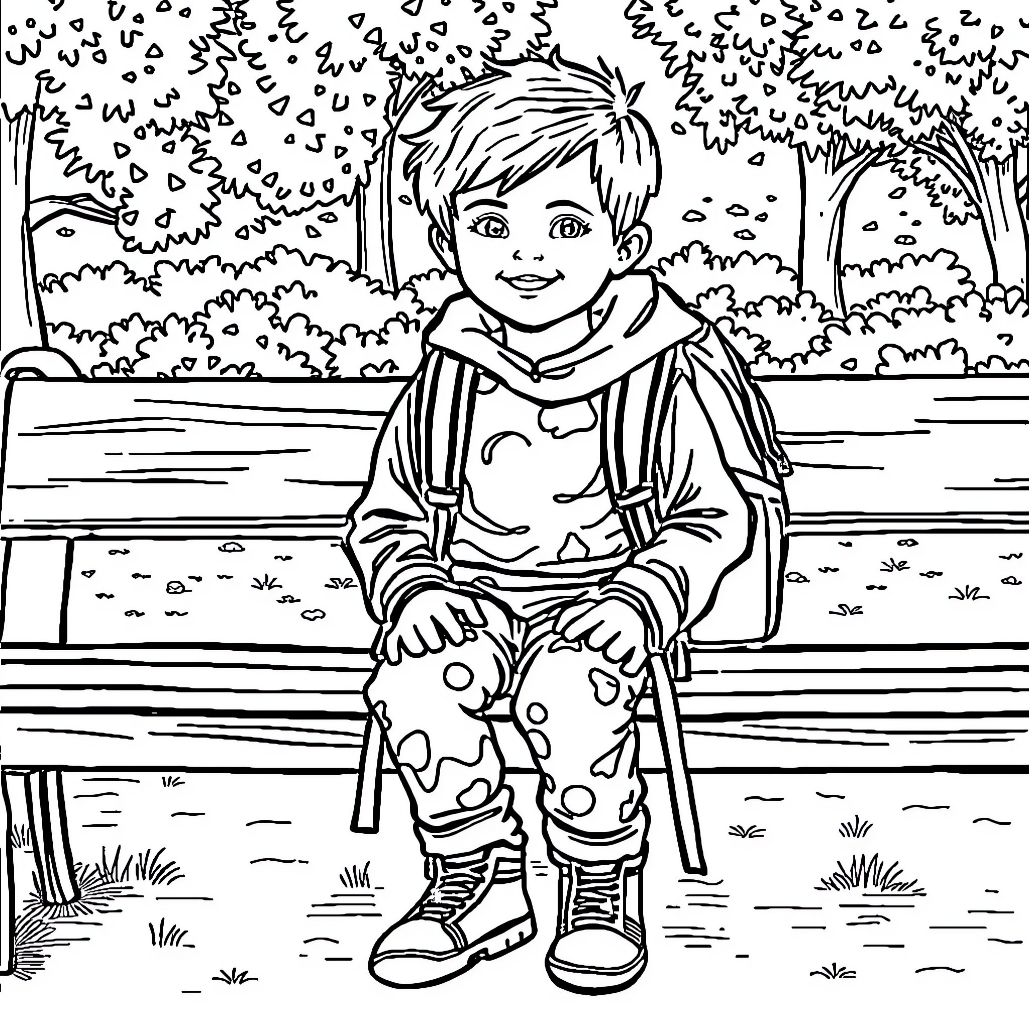Kid sitting on a bench in a park Coloring Page (free black-and-white line drawing printable PDF for all, from beginners to advanced learners, including children, teens, adults, and seniors)