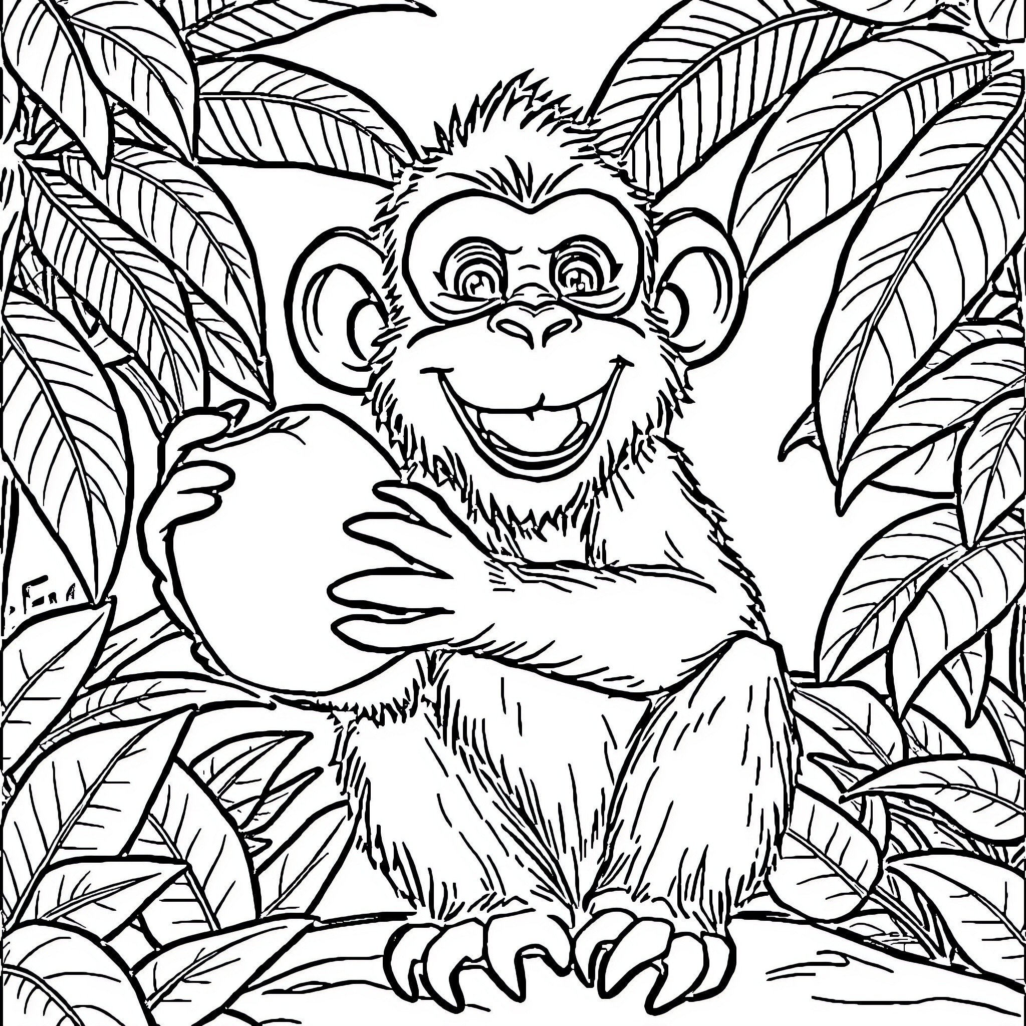 Monkey smiling cheerfully in tropical foliage Coloring Page (free black-and-white line drawing printable PDF for all, from beginners to advanced learners, including children, teens, adults, and seniors)