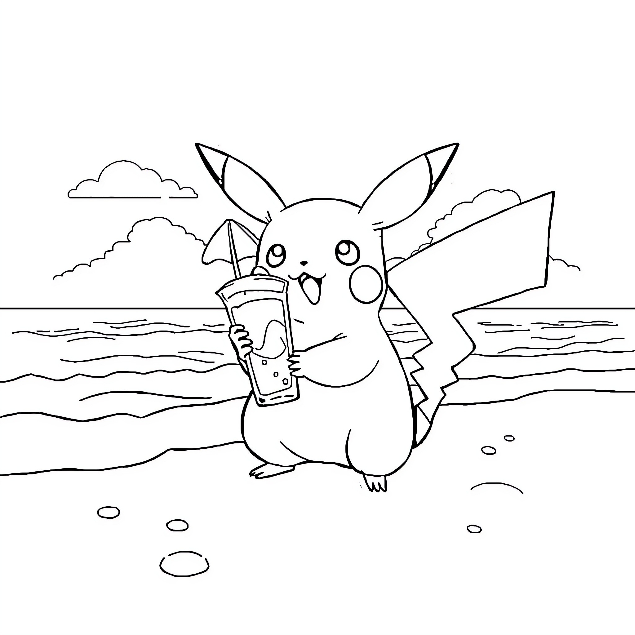 Pikachu enjoying a refreshing drink by the beach Coloring Page (free black-and-white line drawing printable PDF for all, from beginners to advanced learners, including children, teens, adults, and seniors)