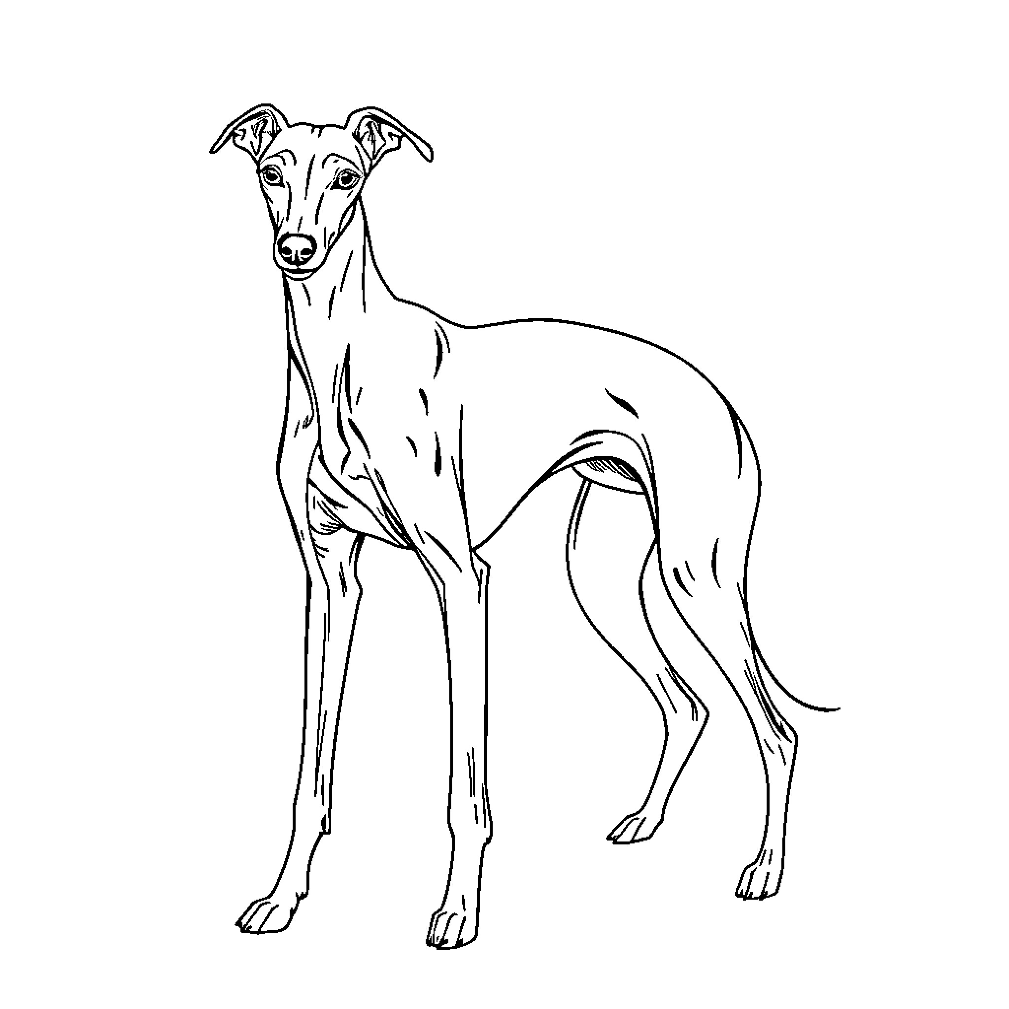 Italian Greyhound standing alert and attentive Coloring Page (free black-and-white line drawing printable PDF for all, from beginners to advanced learners, including children, teens, adults, and seniors)