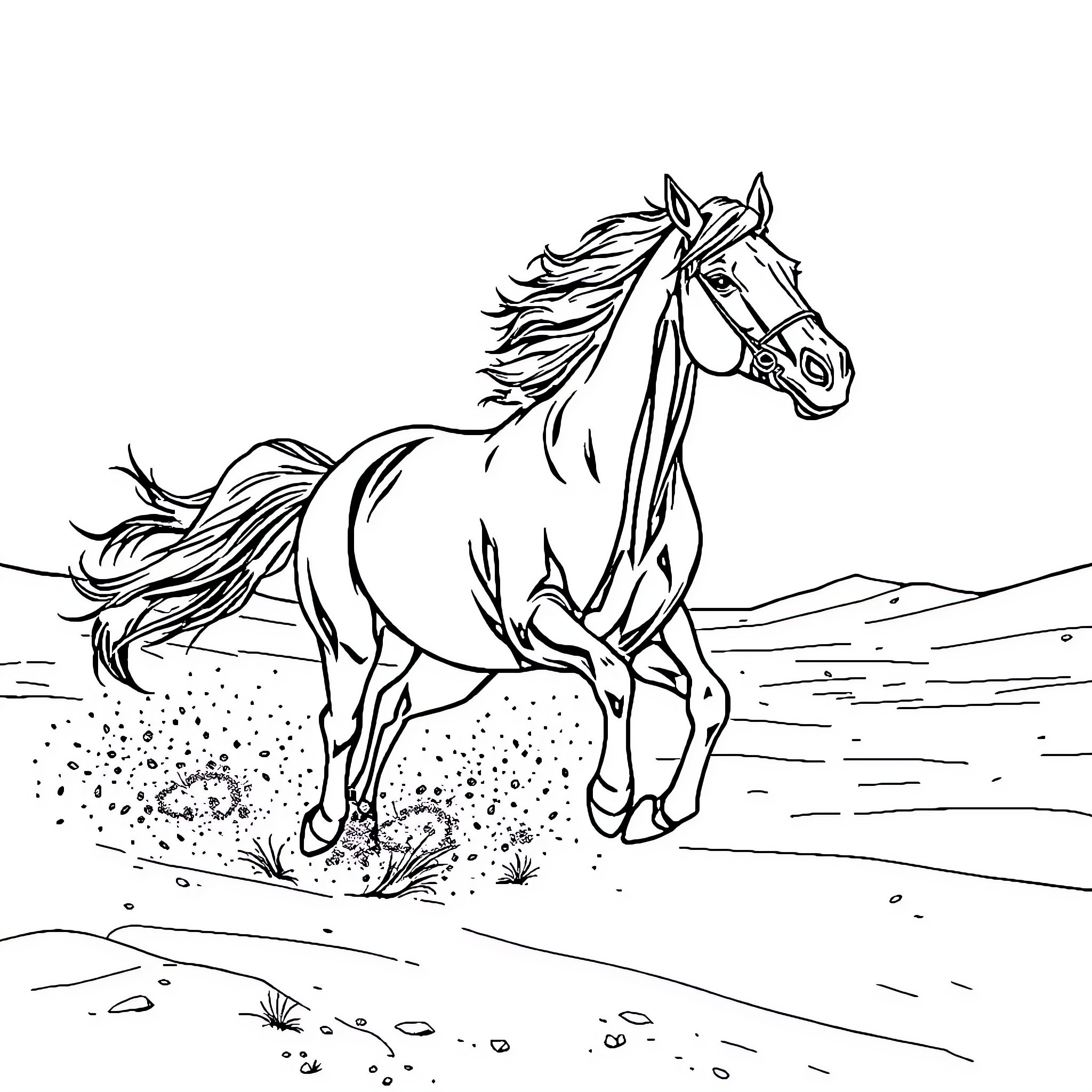 Horse galloping freely in the wilderness Coloring Page (free black-and-white line drawing printable PDF for all, from beginners to advanced learners, including children, teens, adults, and seniors)