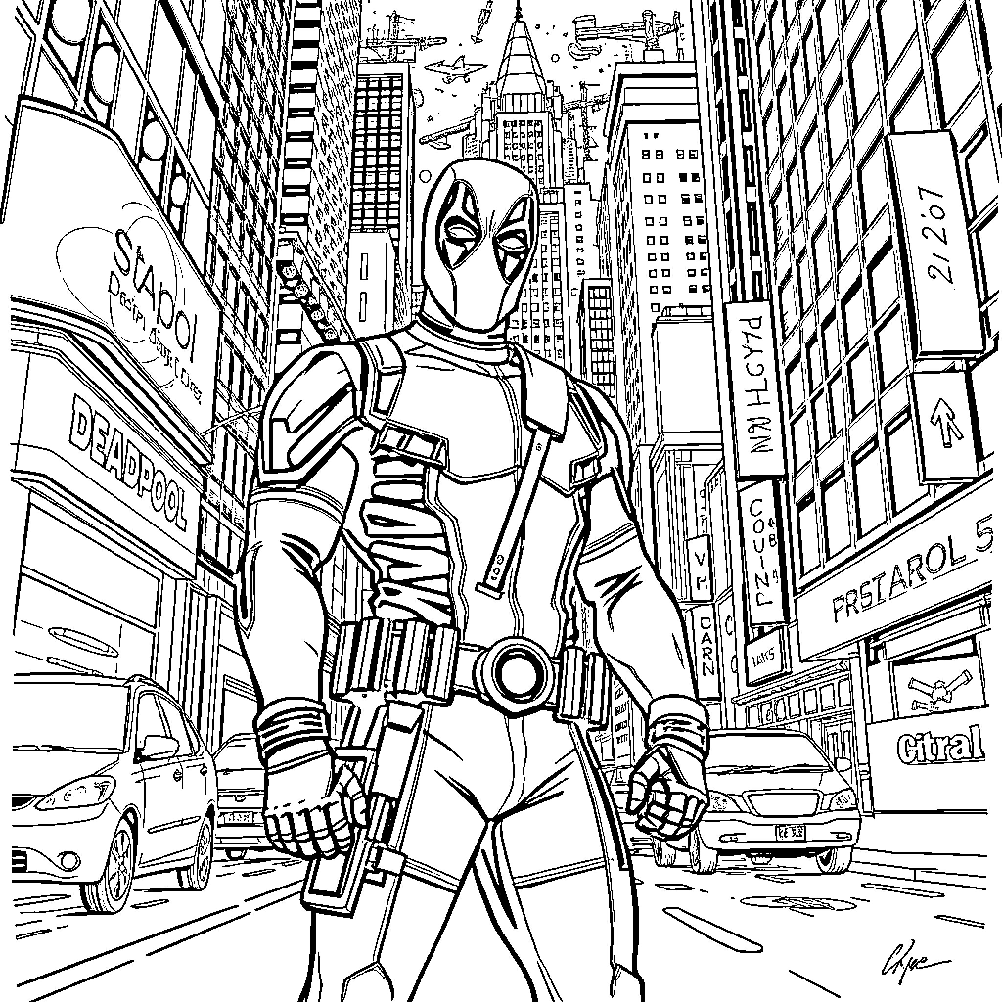 Deadpool in Action-Packed New York City Scene Coloring Page (free black-and-white line drawing printable PDF for all, from beginners to advanced learners, including children, teens, adults, and seniors)