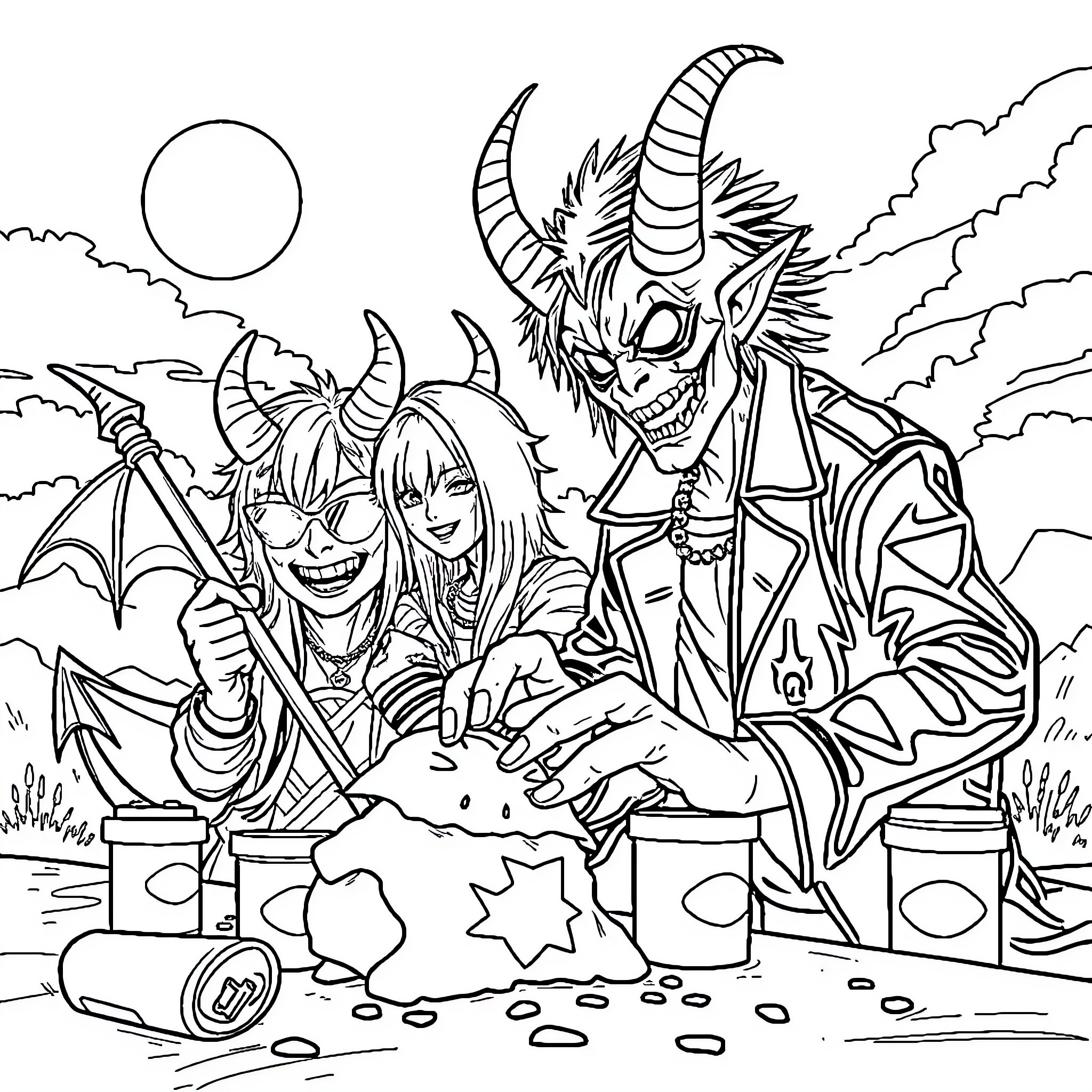 Demon Hunter Duo Exploring Supernatural Artifacts Coloring Page (free black-and-white line drawing printable PDF for all, from beginners to advanced learners, including children, teens, adults, and seniors)