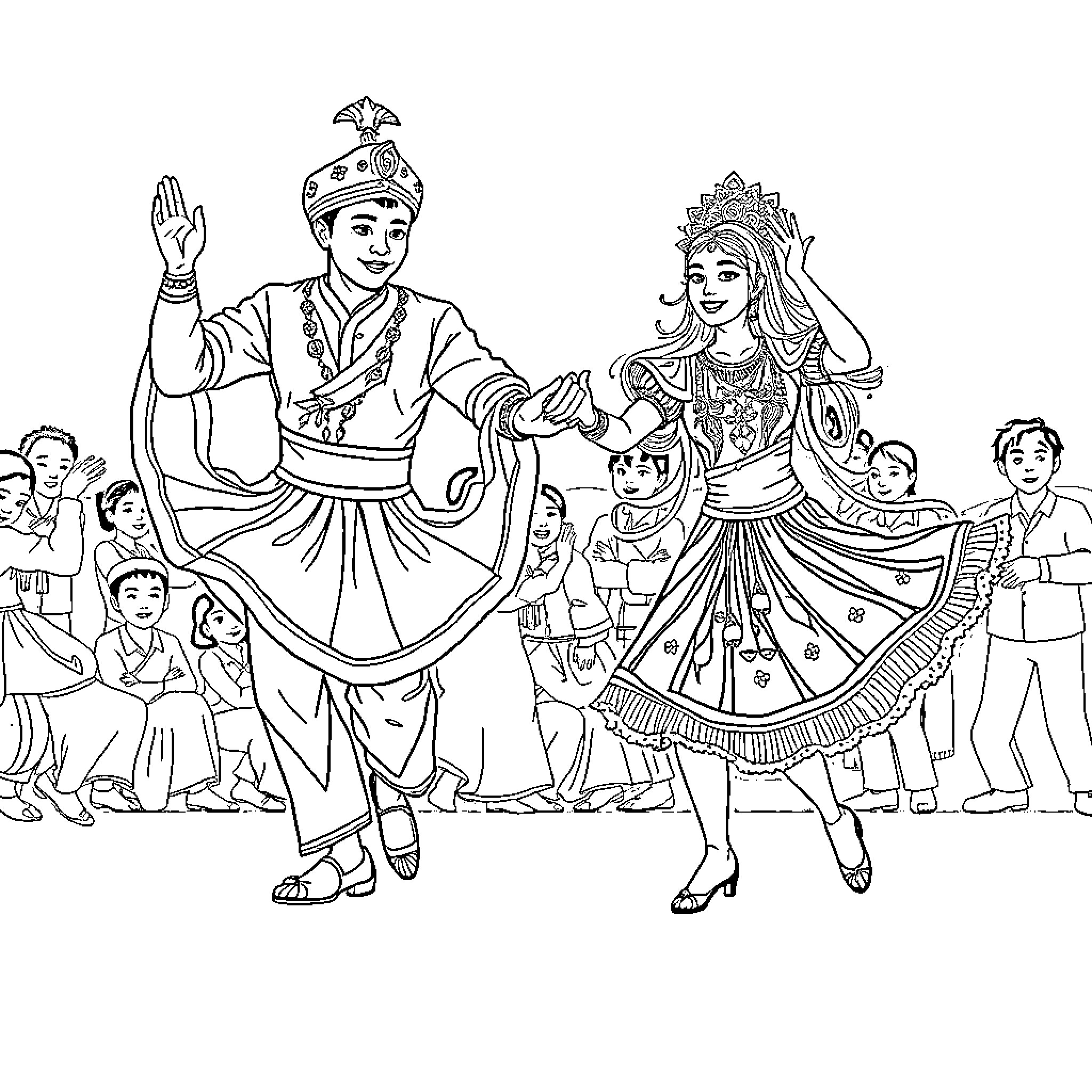Tung Tung Sahor: Vibrant Cultural Dance Performance Coloring Page (free black-and-white line drawing printable PDF for all, from beginners to advanced learners, including children, teens, adults, and seniors)