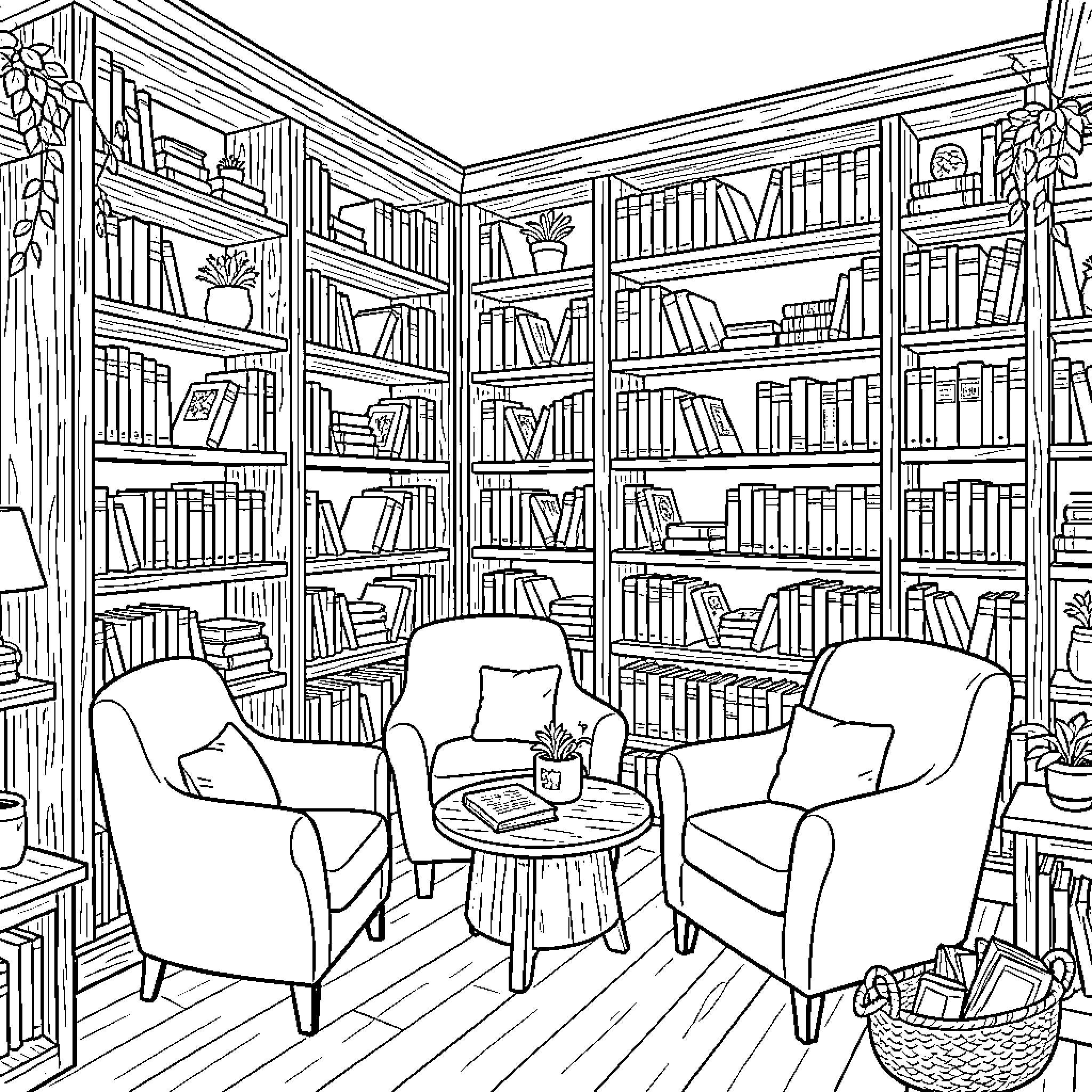 Bookshop interior with cozy armchairs and full bookshelves Coloring Page (free black-and-white line drawing printable PDF for all, from beginners to advanced learners, including children, teens, adults, and seniors)