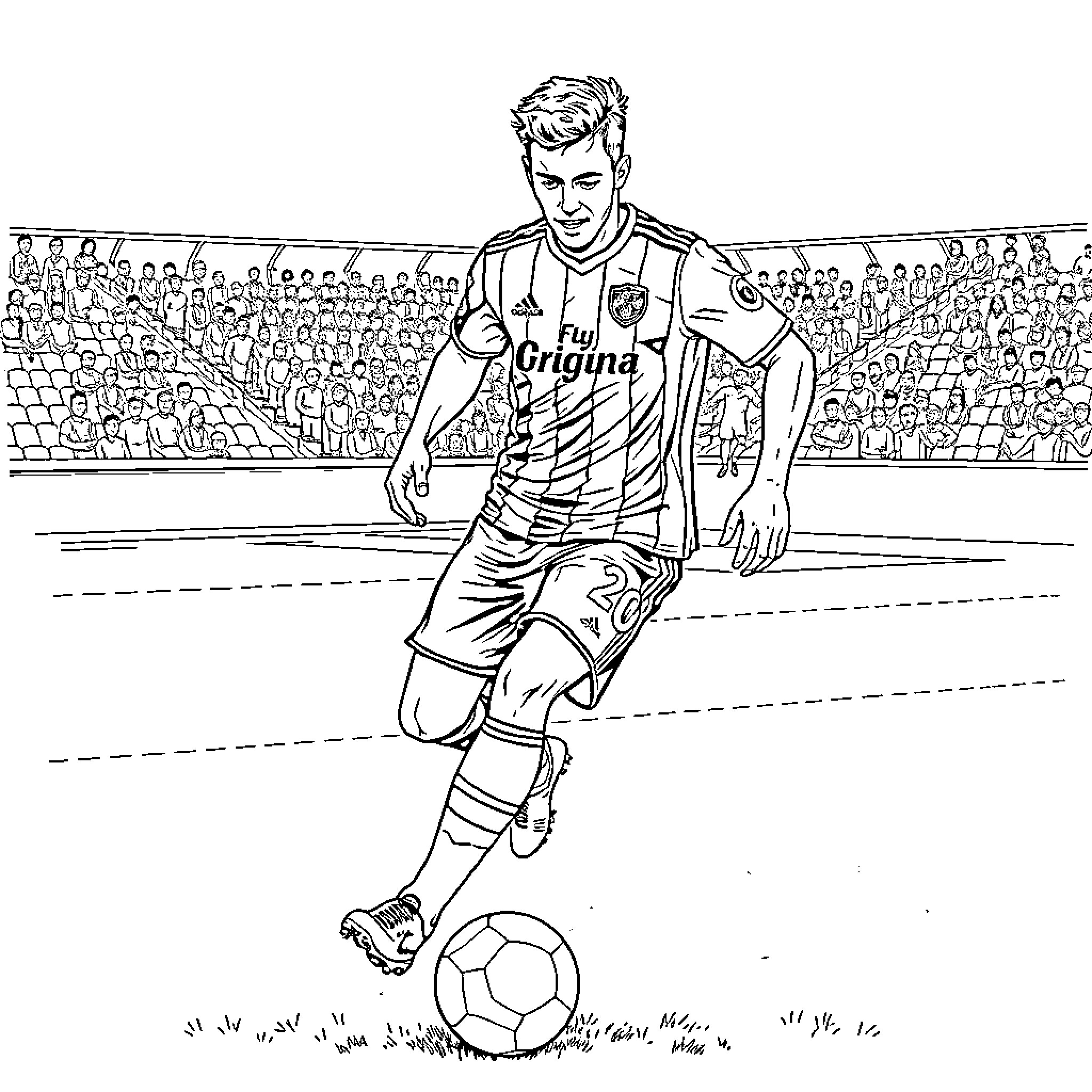Futbolista in action on the field Coloring Page (free black-and-white line drawing printable PDF for all, from beginners to advanced learners, including children, teens, adults, and seniors)