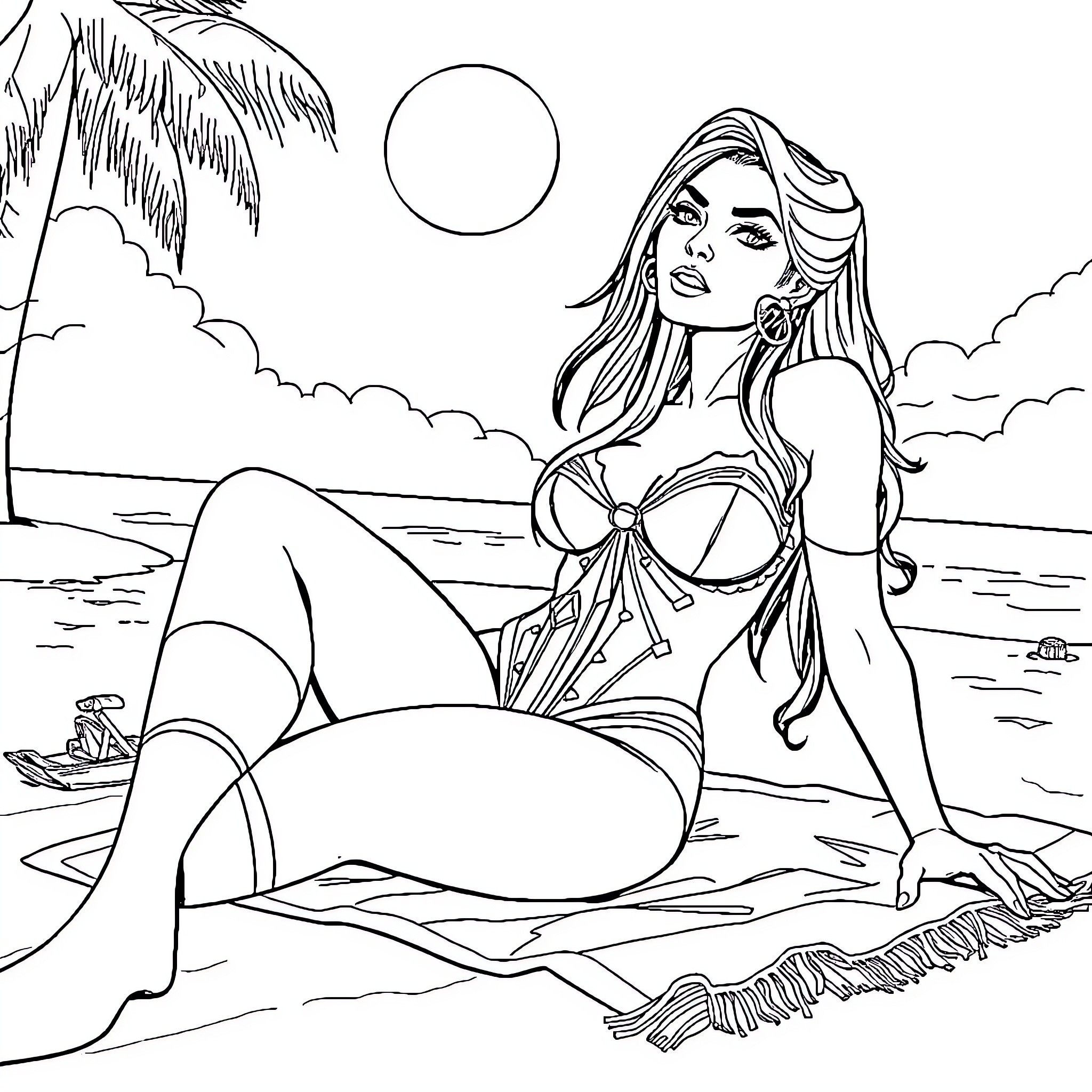 Mileena relaxing on the beach Coloring Page (free black-and-white line drawing printable PDF for all, from beginners to advanced learners, including children, teens, adults, and seniors)