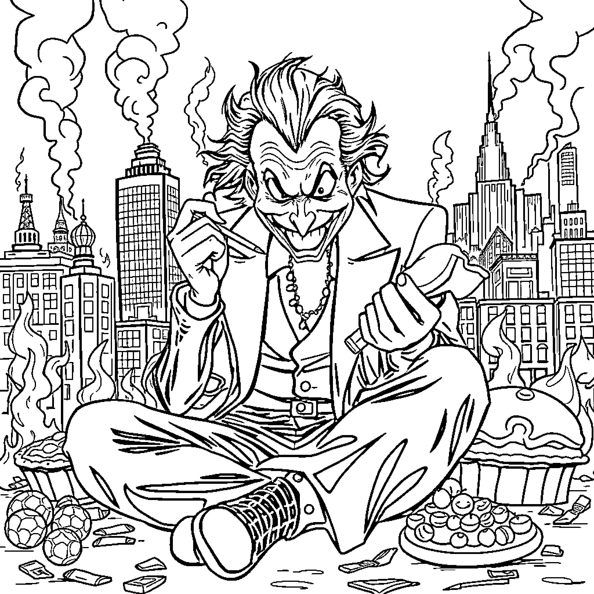 Joker's Chaotic Cityscape Antics Coloring Page (free black-and-white line drawing printable PDF for all, from beginners to advanced learners, including children, teens, adults, and seniors)