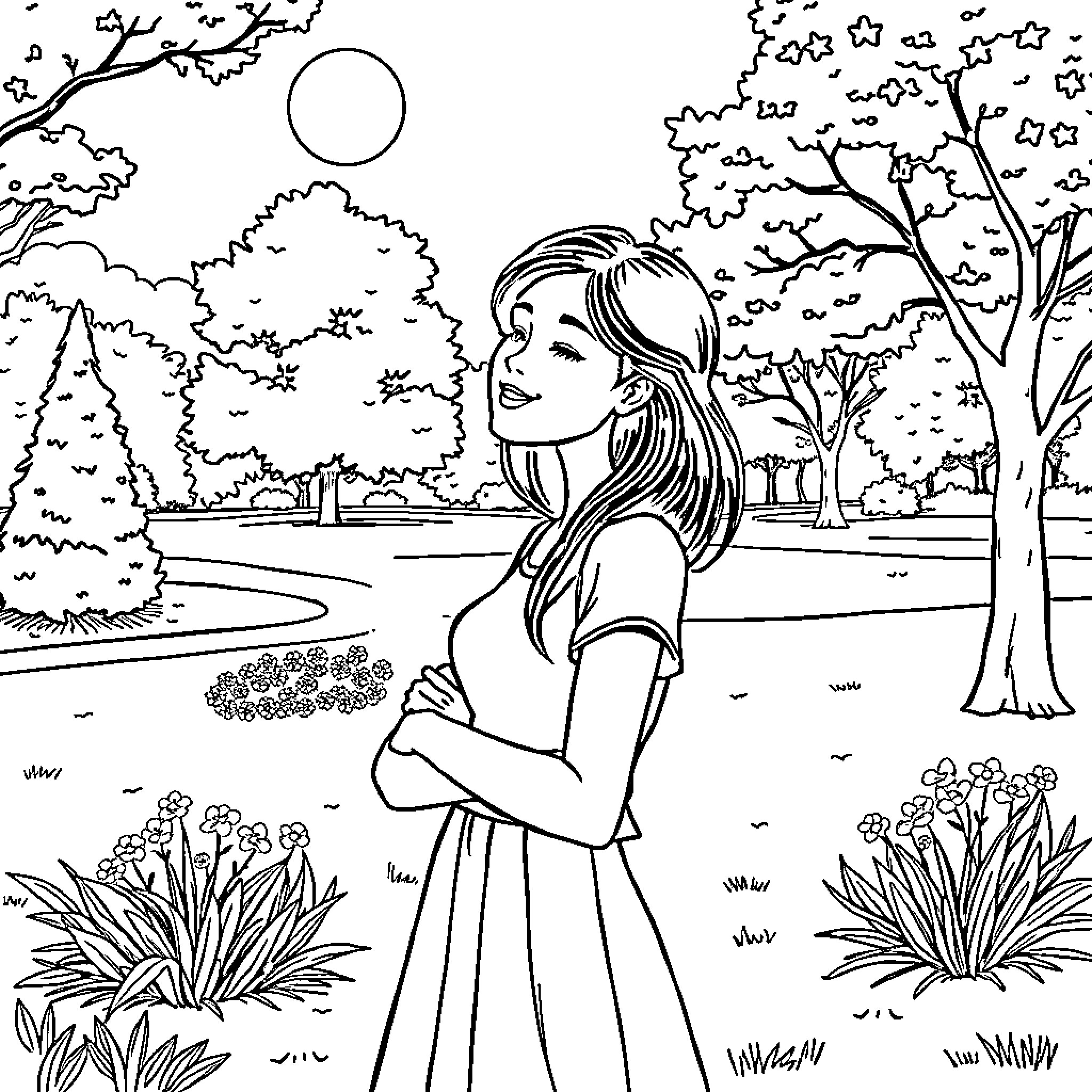 Hér a young woman appreciates the nature Coloring Page (free black-and-white line drawing printable PDF for all, from beginners to advanced learners, including children, teens, adults, and seniors)