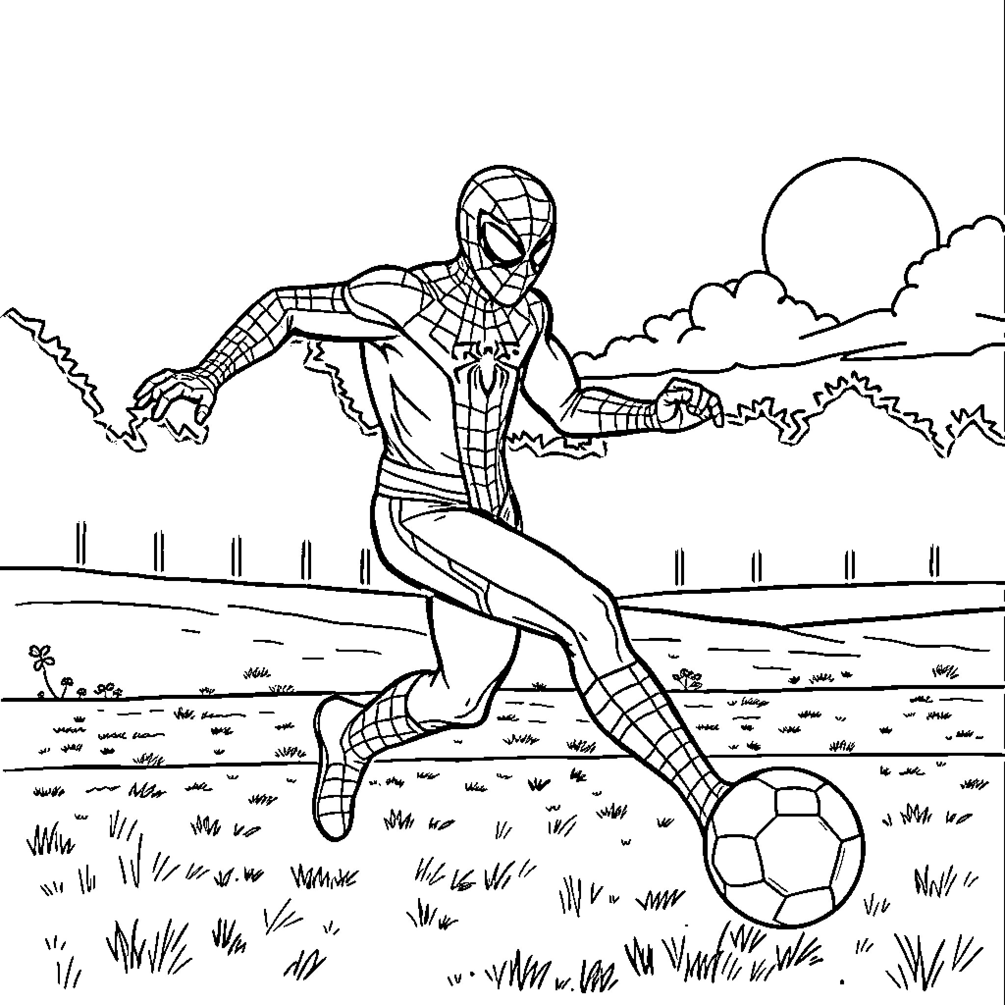 Spiderman playing soccer in a natural setting Coloring Page (free black-and-white line drawing printable PDF for all, from beginners to advanced learners, including children, teens, adults, and seniors)