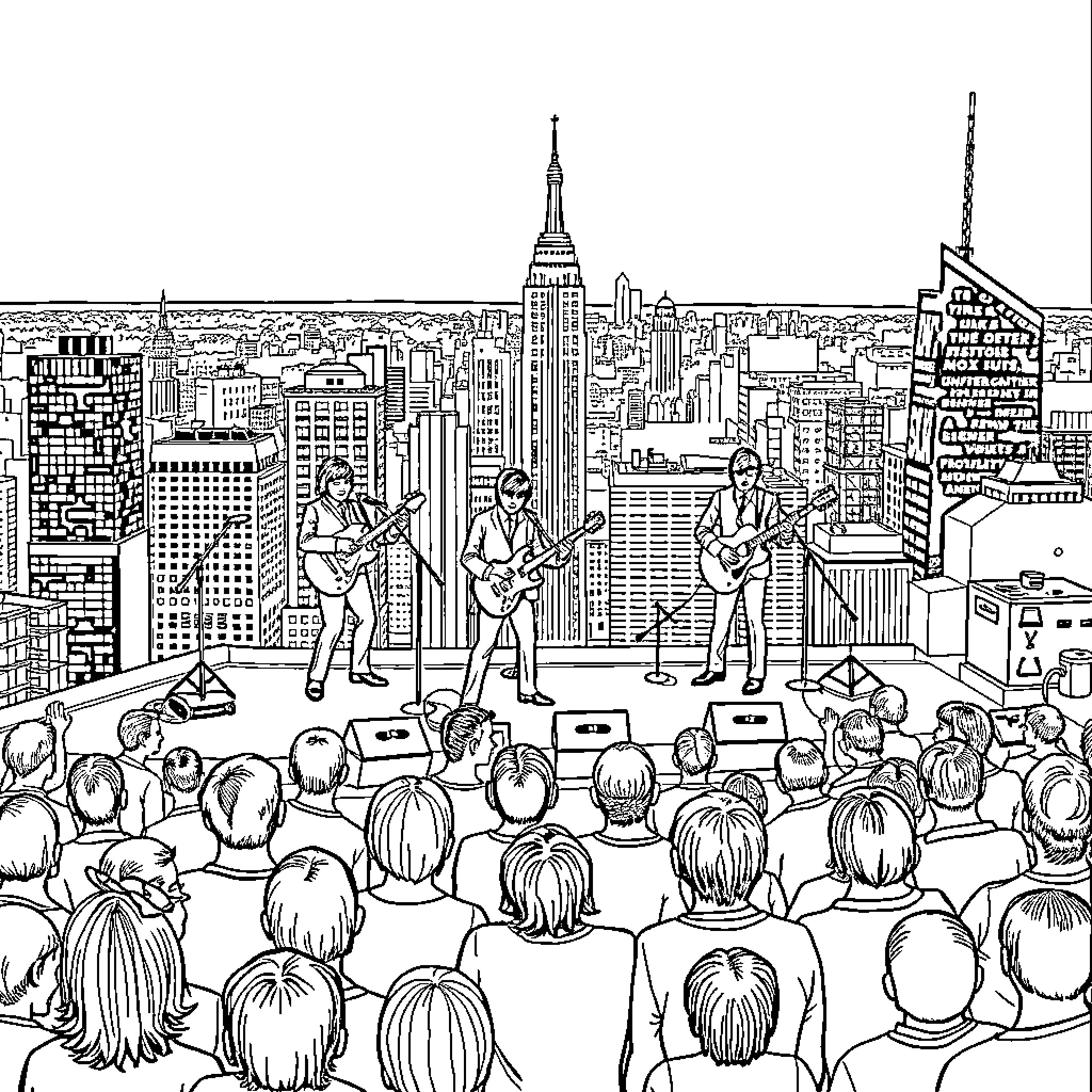 Beatles performing on a rooftop with a cityscape backdrop Coloring Page (free black-and-white line drawing printable PDF for all, from beginners to advanced learners, including children, teens, adults, and seniors)