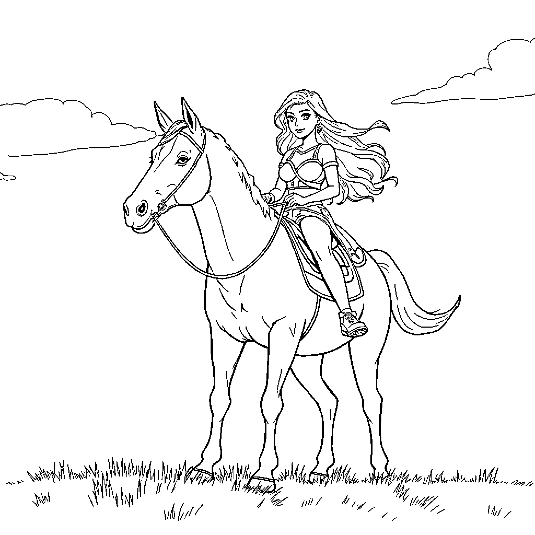 Pru's Adventurous Horseback Ride Coloring Page (free black-and-white line drawing printable PDF for all, from beginners to advanced learners, including children, teens, adults, and seniors)