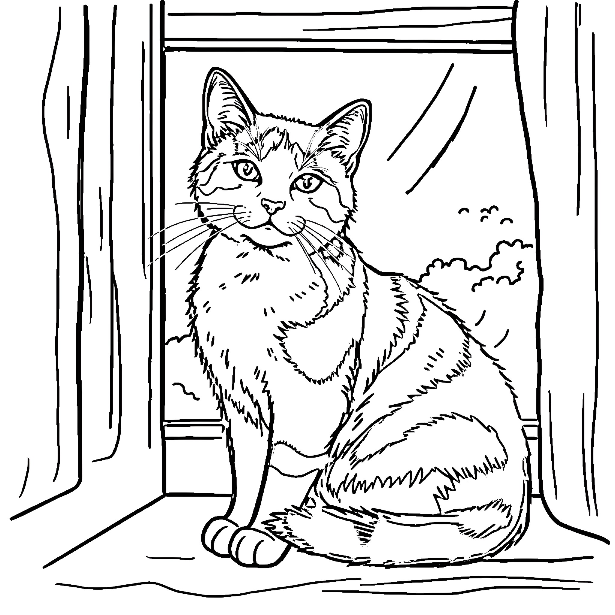 Calico Cat Sitting by the Window Coloring Page (free black-and-white line drawing printable PDF for all, from beginners to advanced learners, including children, teens, adults, and seniors)