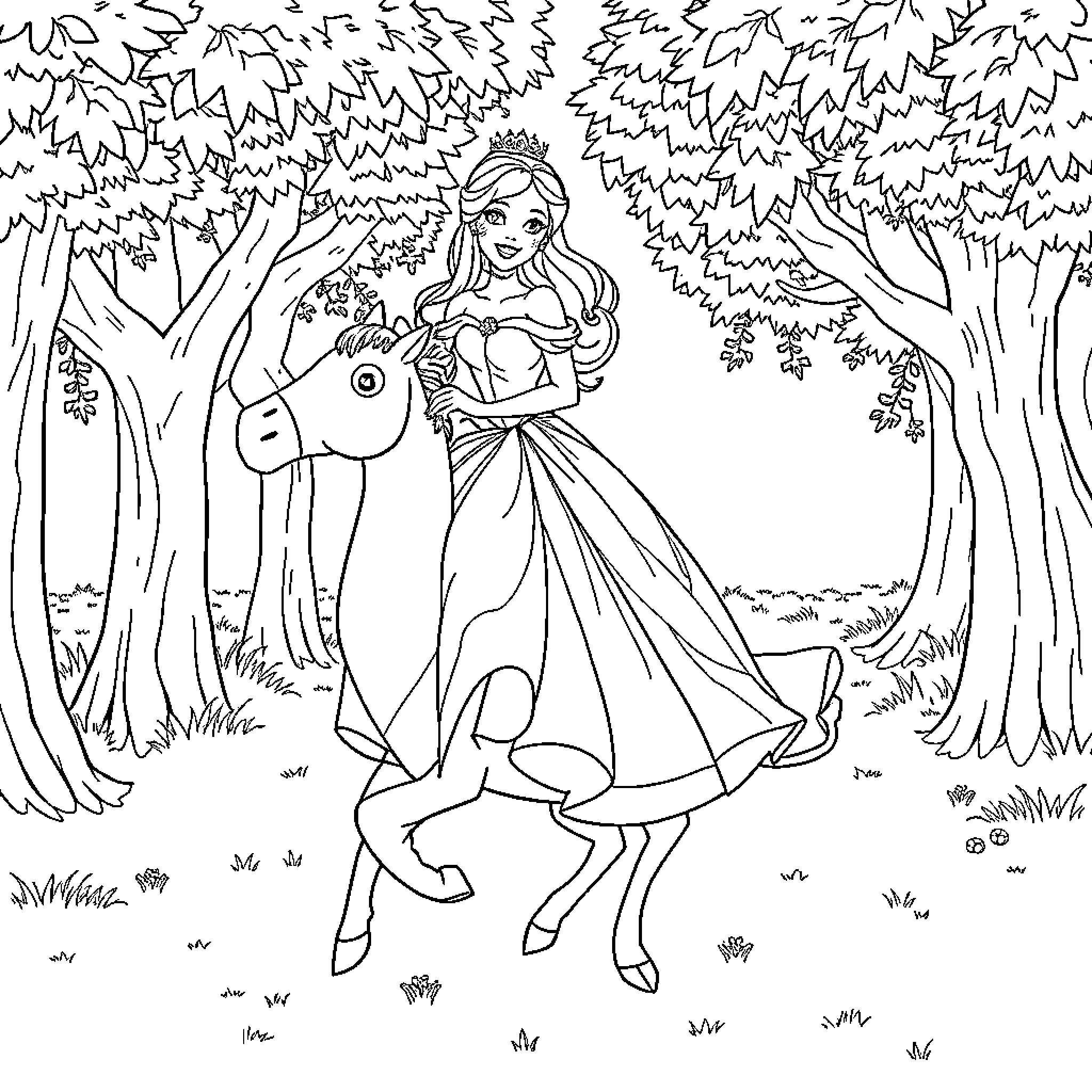 Princess riding a horse through the forest Coloring Page (free black-and-white line drawing printable PDF for all, from beginners to advanced learners, including children, teens, adults, and seniors)