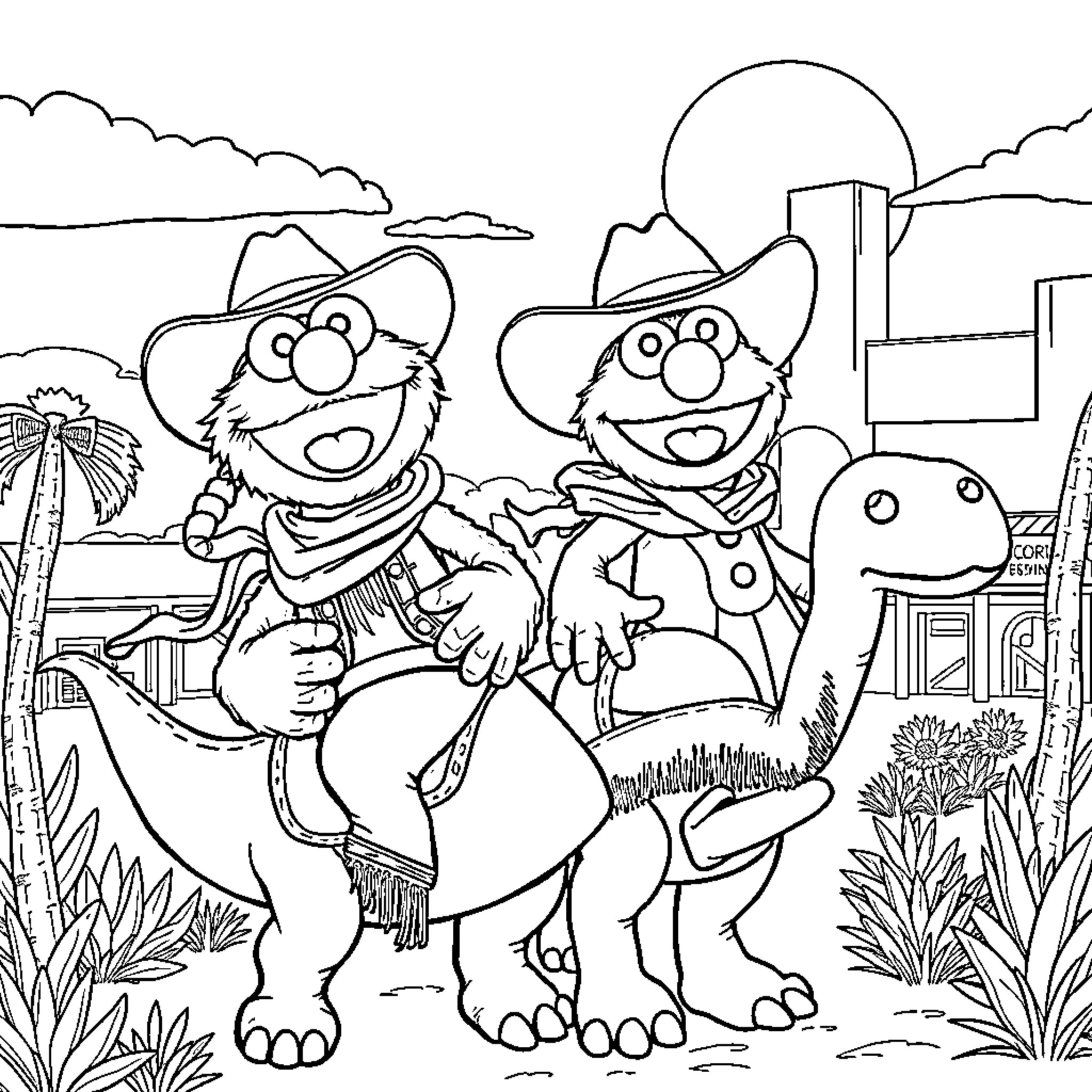 Elmo and friends in a Western-themed adventure Coloring Page (free black-and-white line drawing printable PDF for all, from beginners to advanced learners, including children, teens, adults, and seniors)