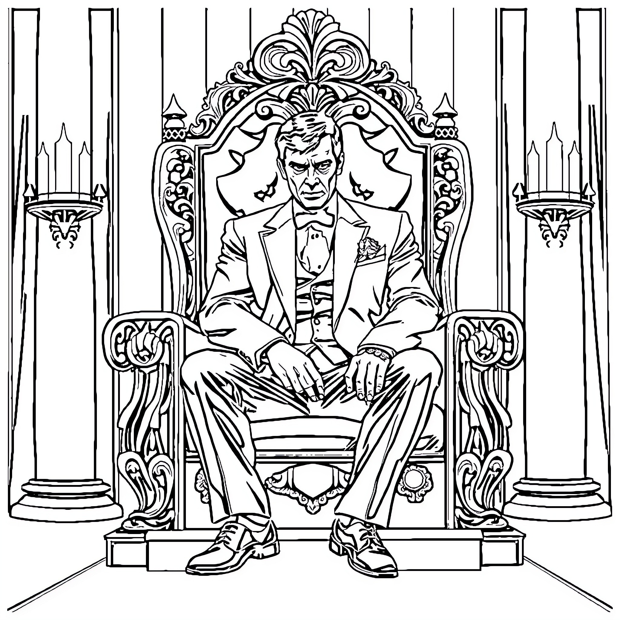 Scarface's Ostentatious Throne Coloring Page (free black-and-white line drawing printable PDF for all, from beginners to advanced learners, including children, teens, adults, and seniors)