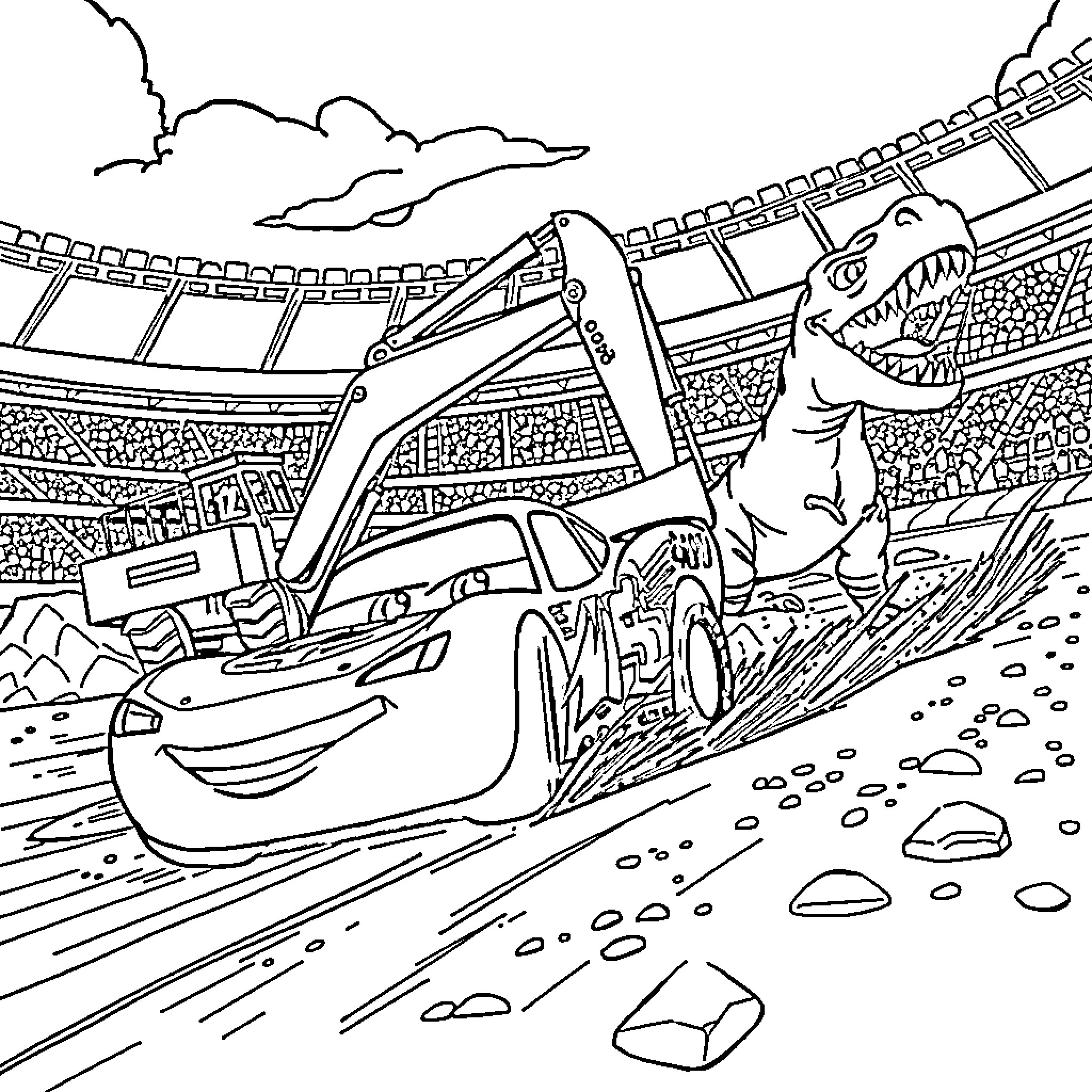 Lightning McQueen races against a giant dinosaur in a stadium Coloring Page (free black-and-white line drawing printable PDF for all, from beginners to advanced learners, including children, teens, adults, and seniors)