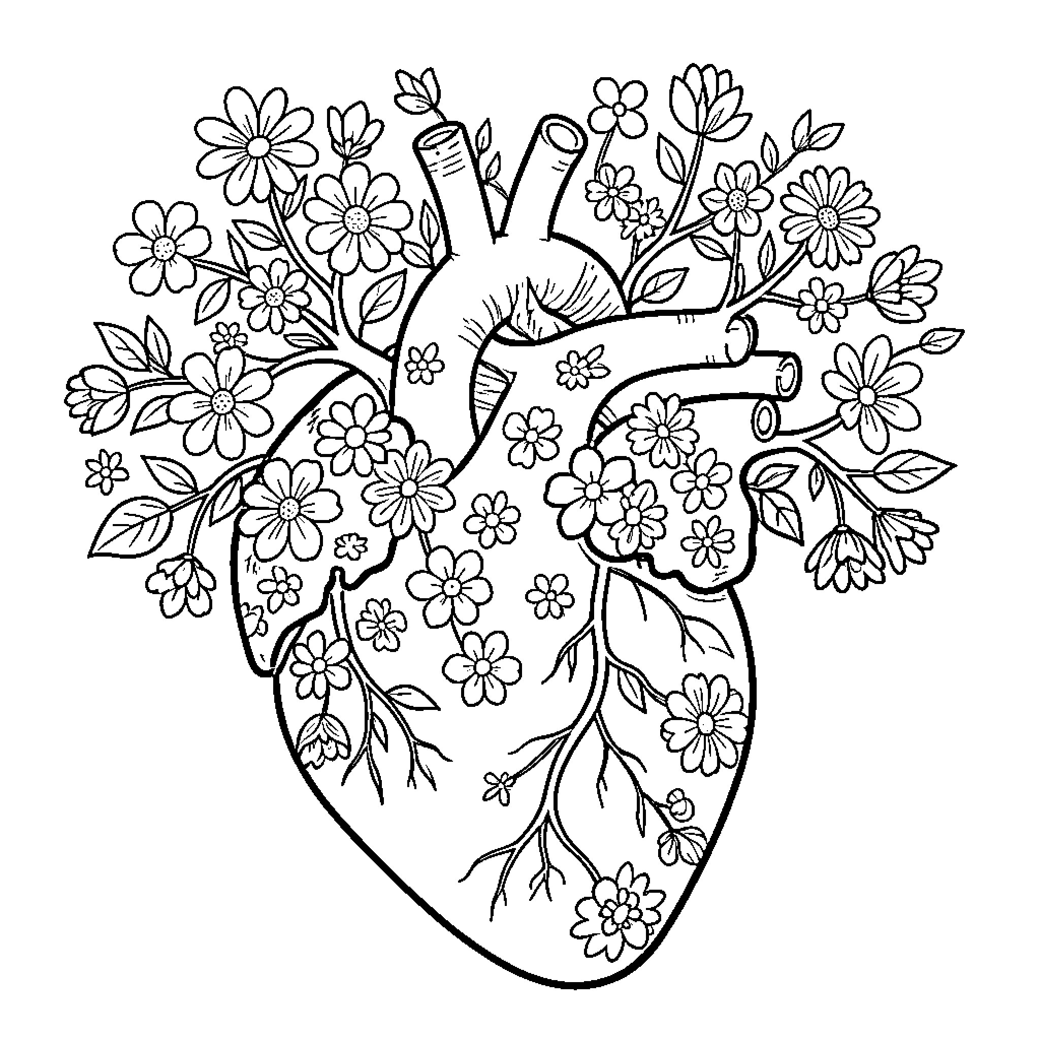 Heart blooming with colorful flowers Coloring Page (free black-and-white line drawing printable PDF for all, from beginners to advanced learners, including children, teens, adults, and seniors)
